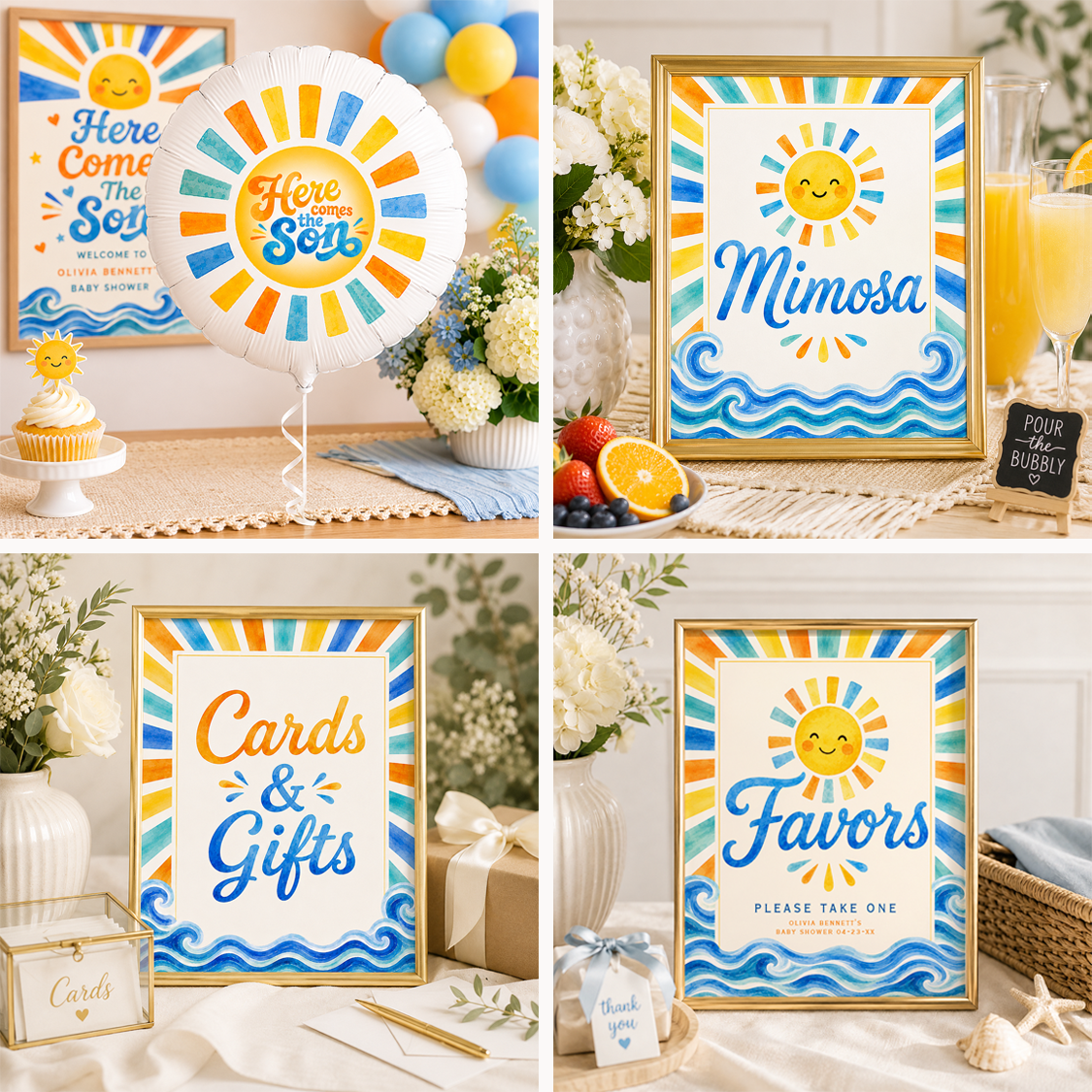 Coordinated Here Comes the Son baby shower decorations including personalized welcome sign, cards and gifts sign, mimosa bar sign, favors sign, and sunshine-themed balloon in matching blue, yellow, and watercolor coastal design.