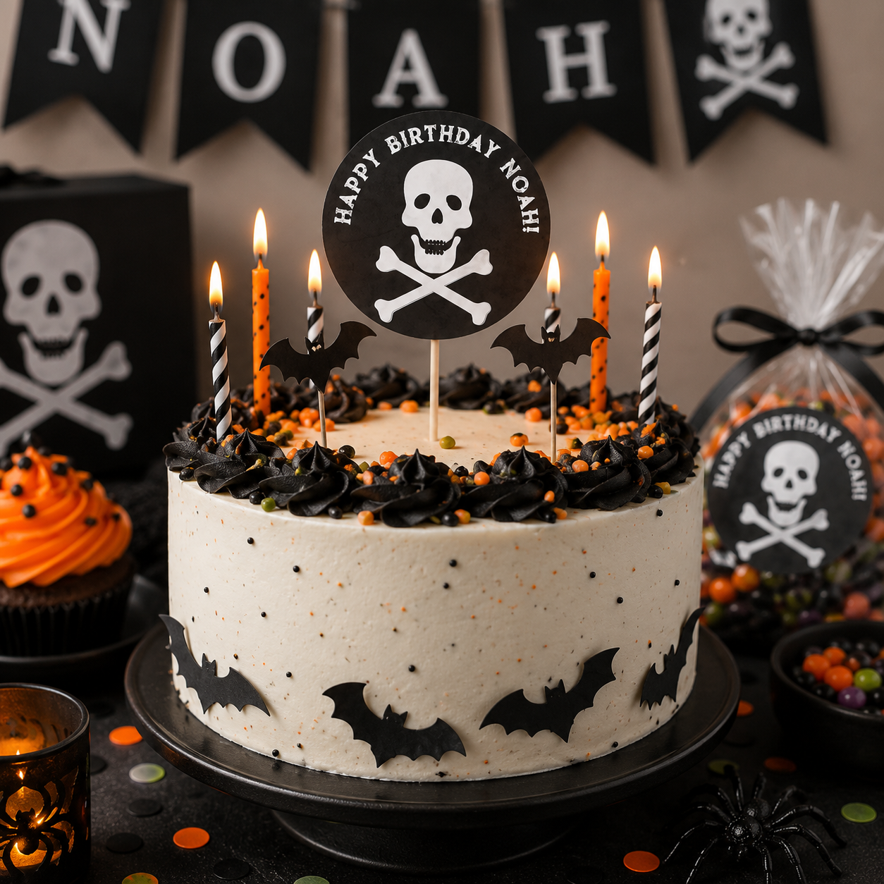 Halloween birthday cake decorated with black frosting swirls, bat accents, lit candles, and a skull topper surrounded by coordinating skull-themed party decorations, favor bags, cupcakes, and black birthday bunting.