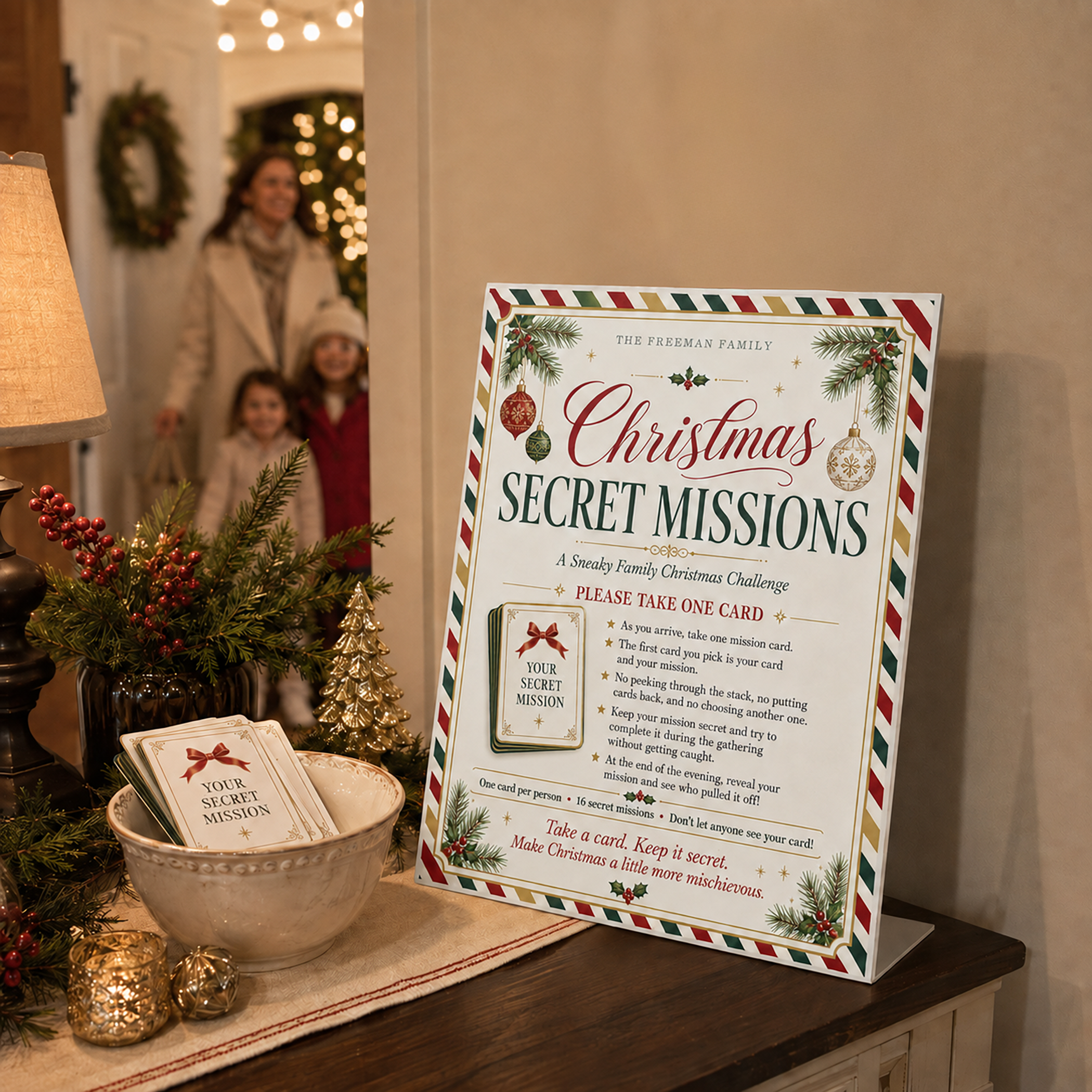 Christmas Secret Missions family Christmas game with coordinating instruction sign and secret mission cards displayed in a bowl on a decorated holiday entry table.