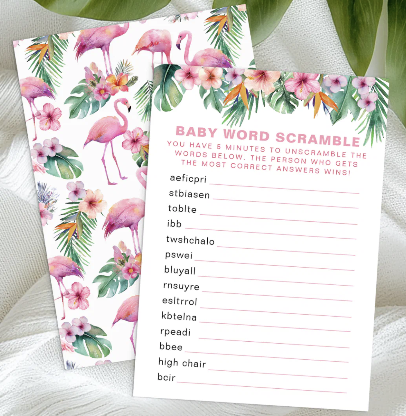 A fun baby word scramble game keeps guests entertained.