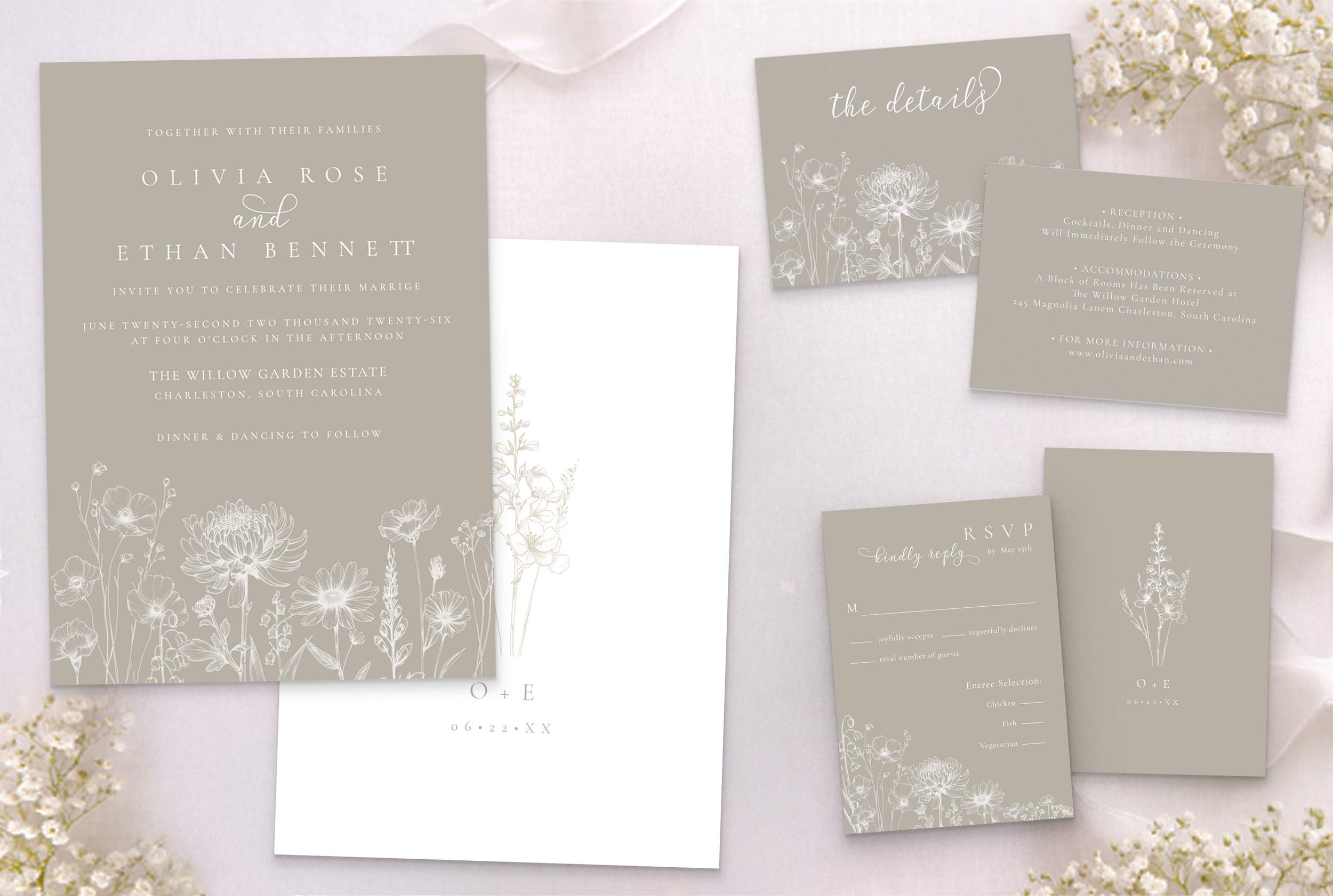 Taupe neutral botanical wedding invitation suite with RSVP card, details card, and envelope featuring minimal floral line art