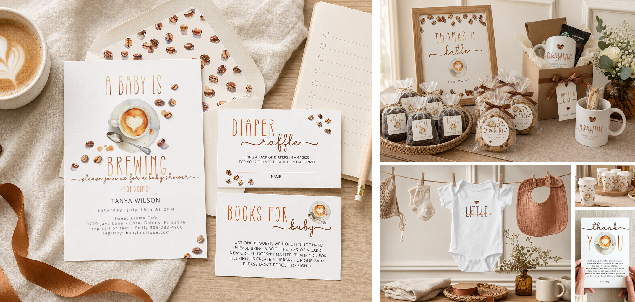 A Baby Is Brewing coffee baby shower with invitation, diaper raffle card, coffee favors, mugs, thank-you card, and warm neutral décor.