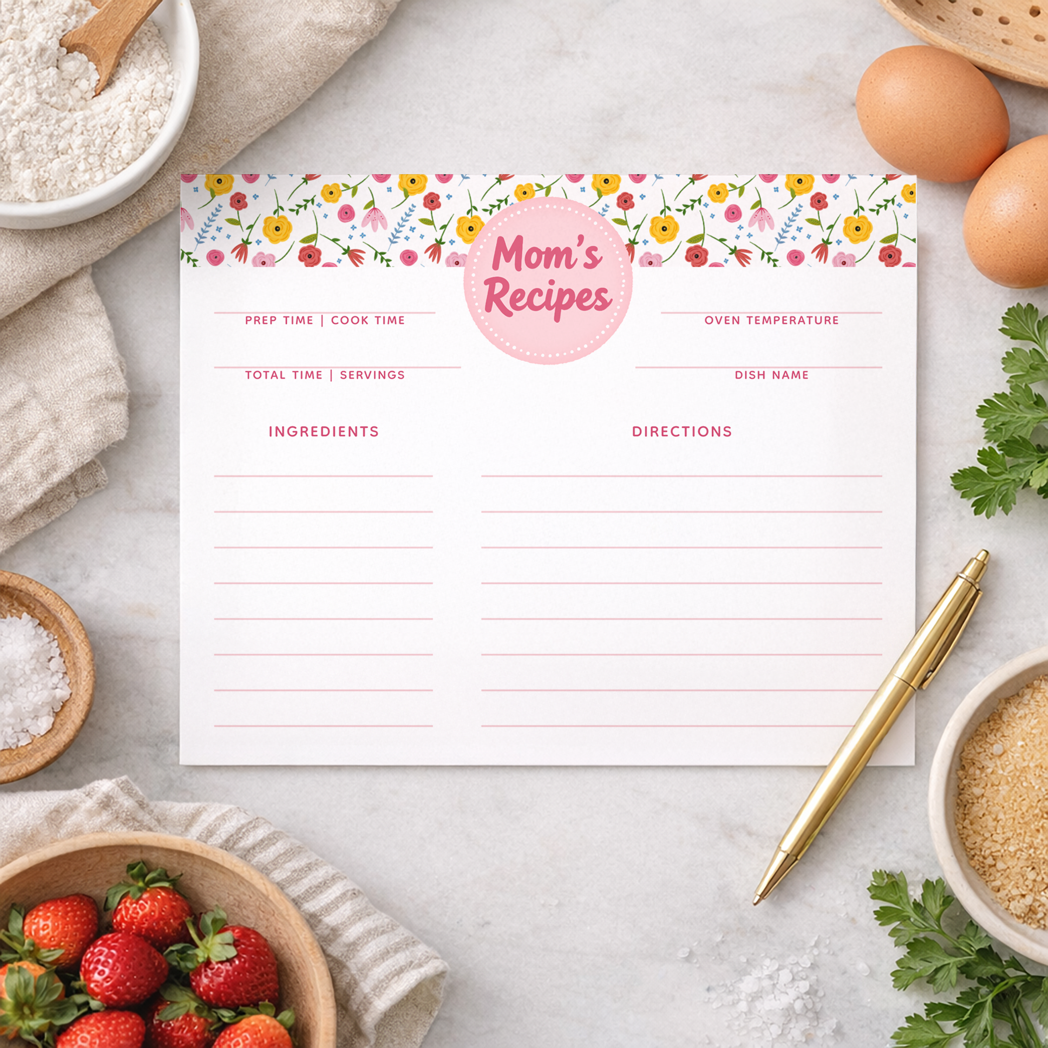Floral Mom’s recipe card template with ingredients and directions sections styled with kitchen ingredients on marble background