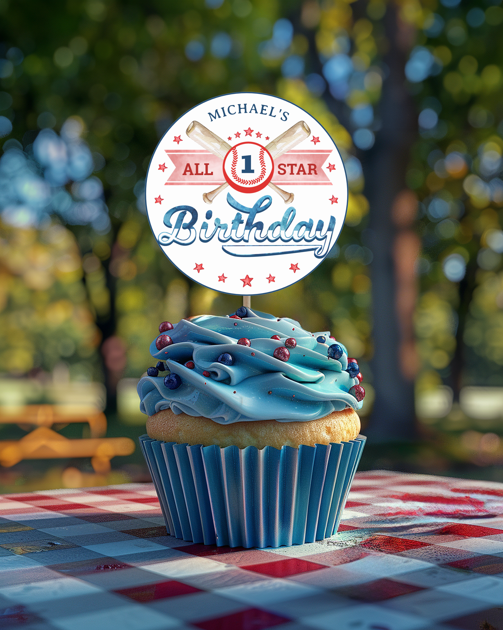Baseball birthday favor sticker used as cupcake topper with watercolor theme