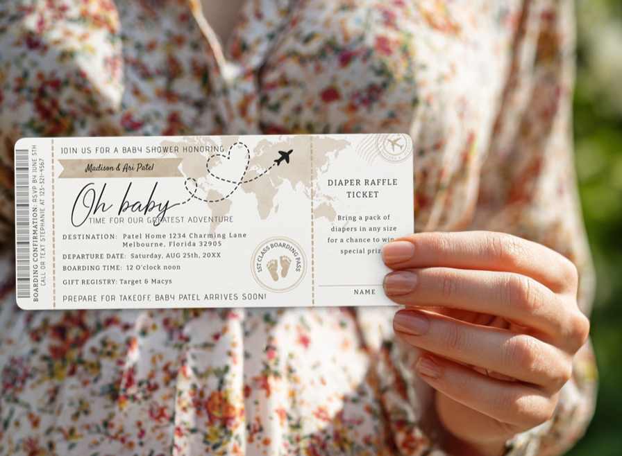 Boarding pass travel baby shower invitation with world map background and adventure airplane theme.
