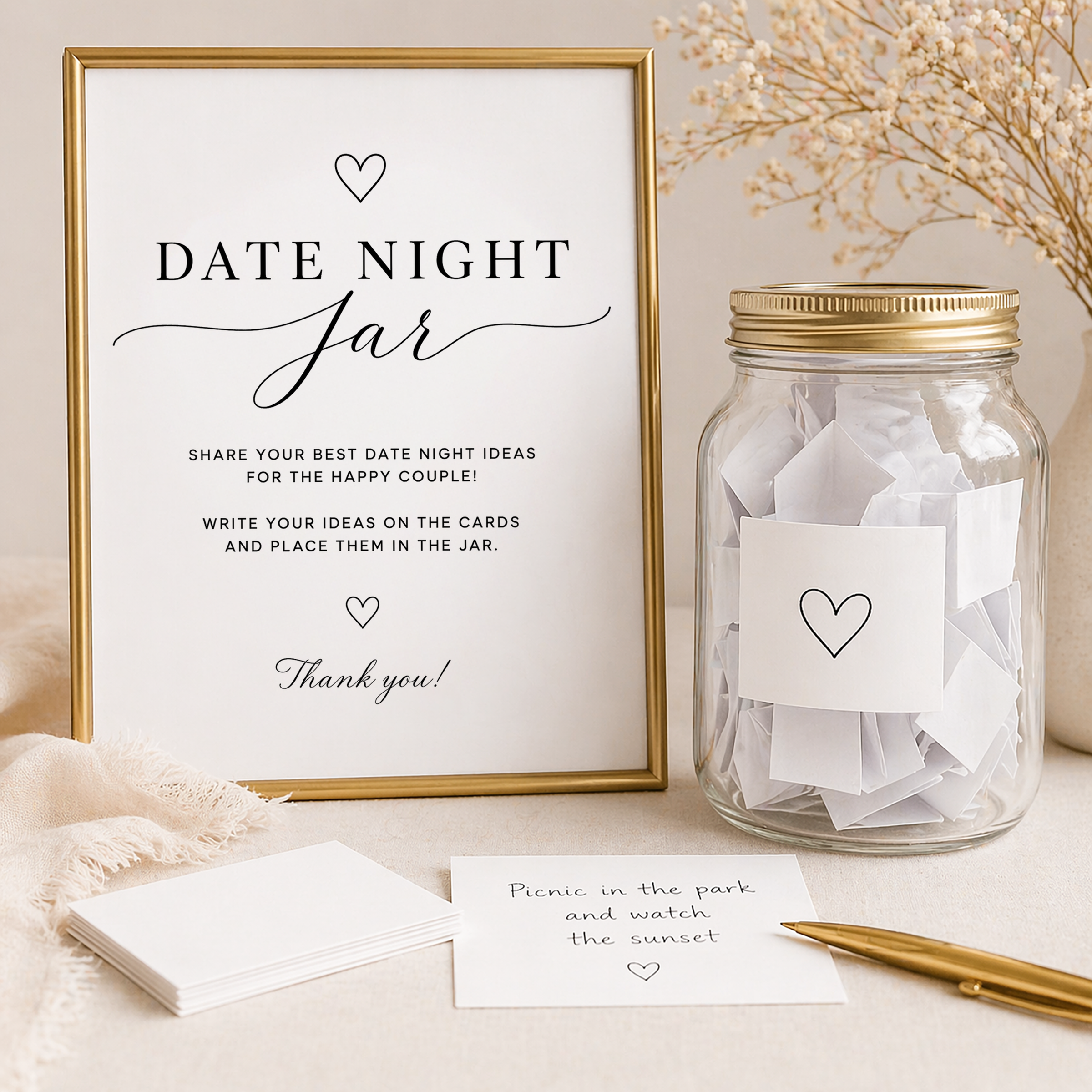 Elegant Date Night Jar bridal shower setup featuring a gold framed printable sign, glass jar filled with folded note cards, blank cards for guests, and gold pen on a soft neutral table setting.