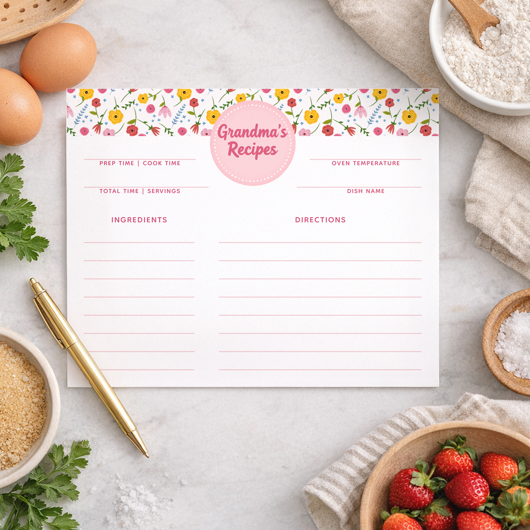 Floral Grandma recipe card template with ingredients and directions sections styled with kitchen items
