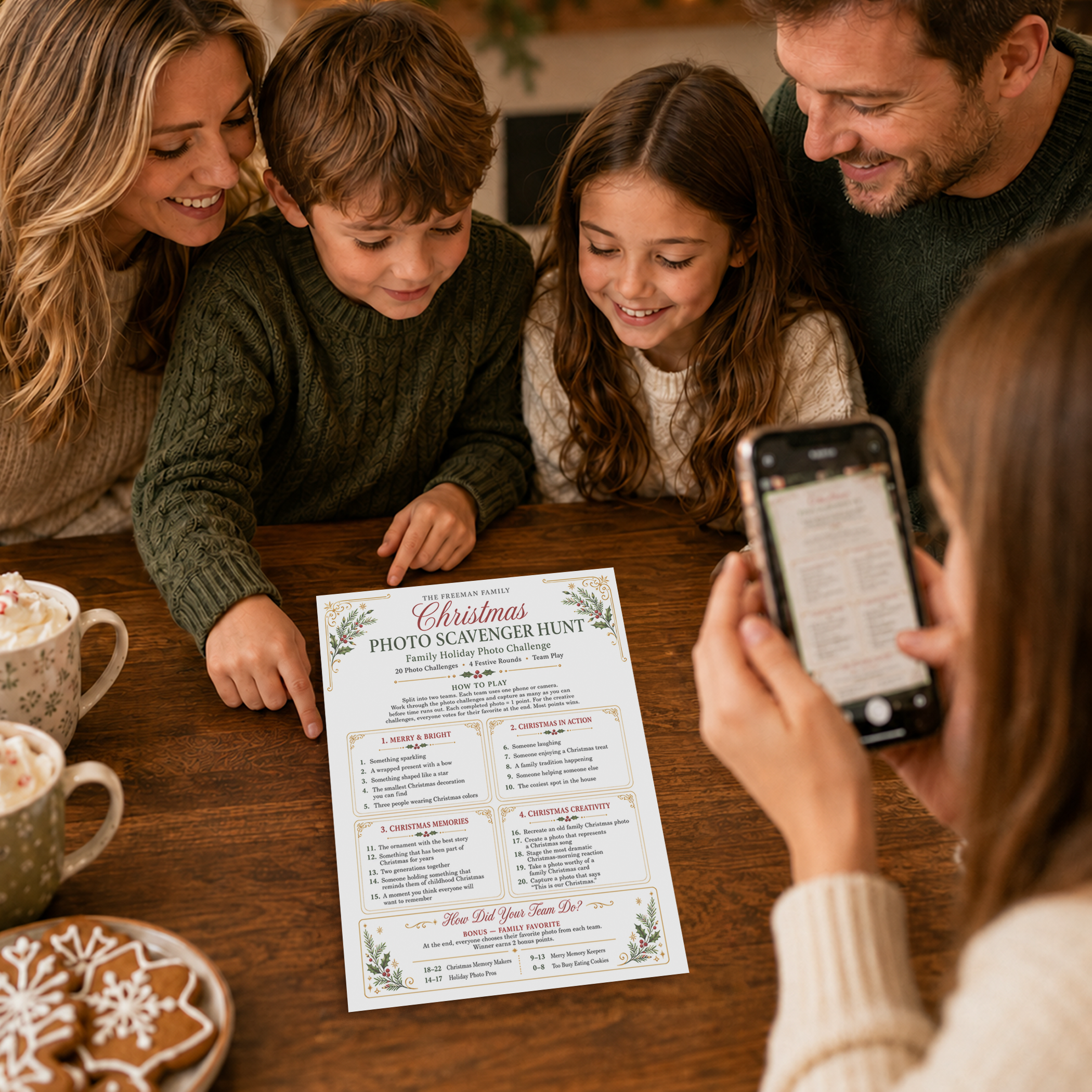 Family playing a Christmas Photo Scavenger Hunt around a wooden table, using a holiday game sheet and smartphone with hot cocoa and Christmas cookies nearby.