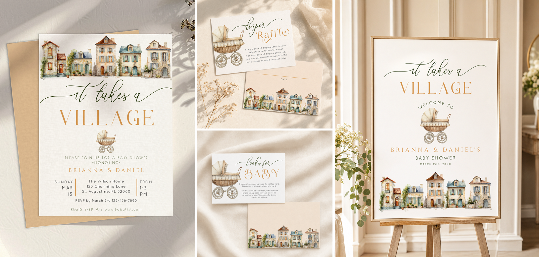 It Takes a Village baby shower collection with watercolor village invitation, diaper raffle and books for baby cards, and framed welcome sign in warm neutral tones.