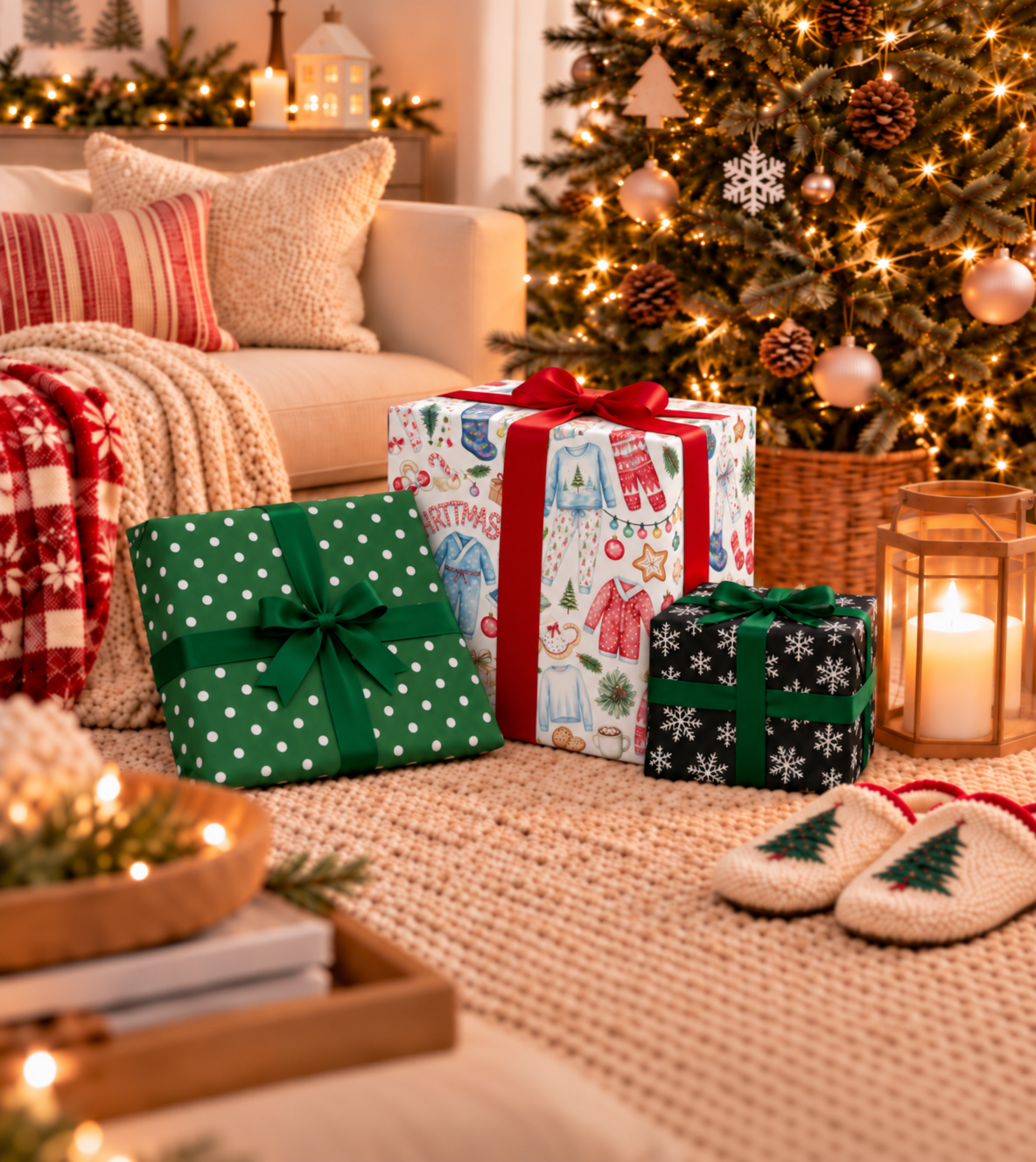 Cozy Christmas living room with a glowing tree, cream sofa, knit blankets, slippers, and three wrapped gifts featuring green polka dots, black snowflakes, and watercolor Christmas pajama wrapping paper.