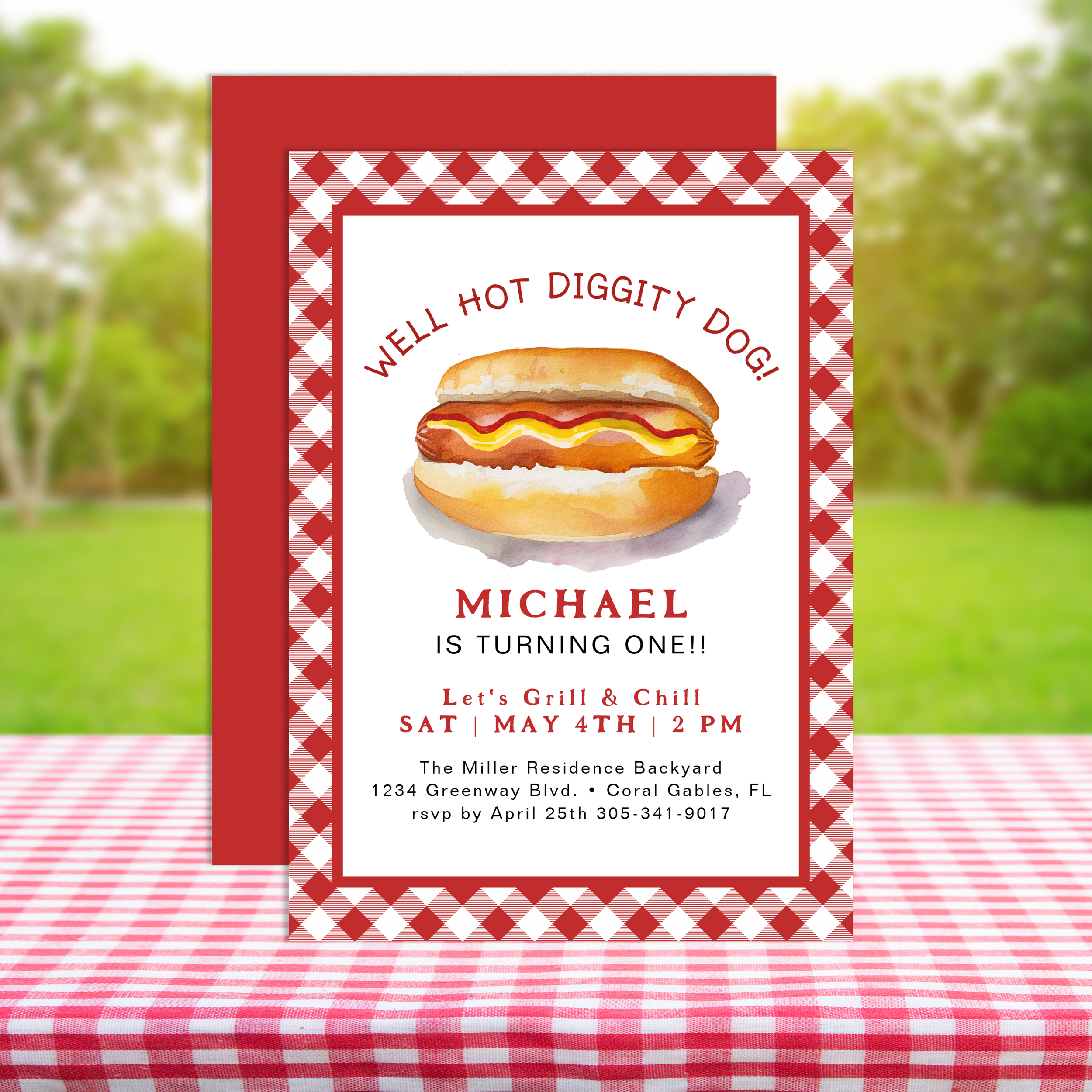 Hot dog birthday invitation with red gingham border for a backyard BBQ party
