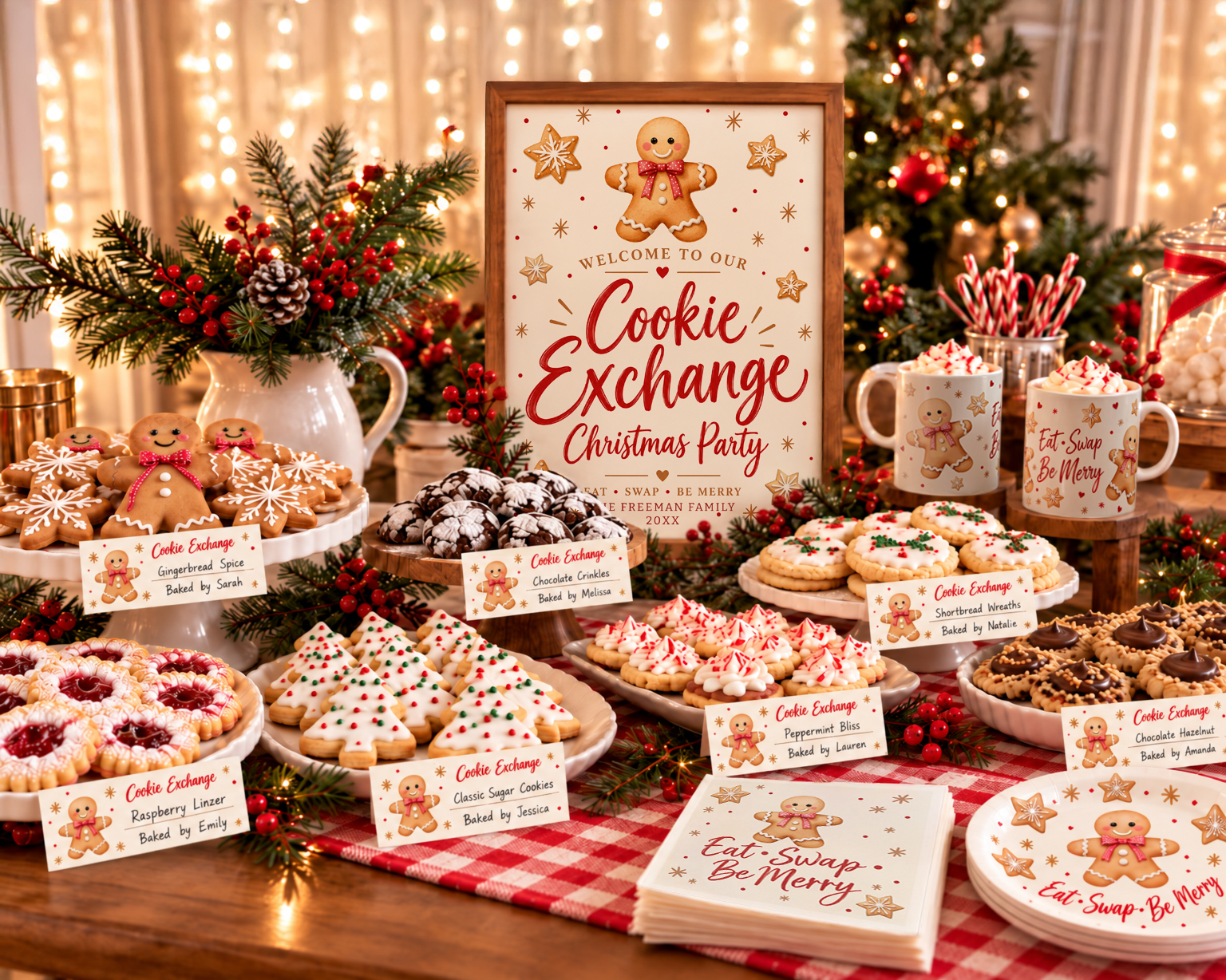 Christmas cookie exchange table with labeled cookie platters, gingerbread welcome sign, matching mugs, napkins, and paper plates.
