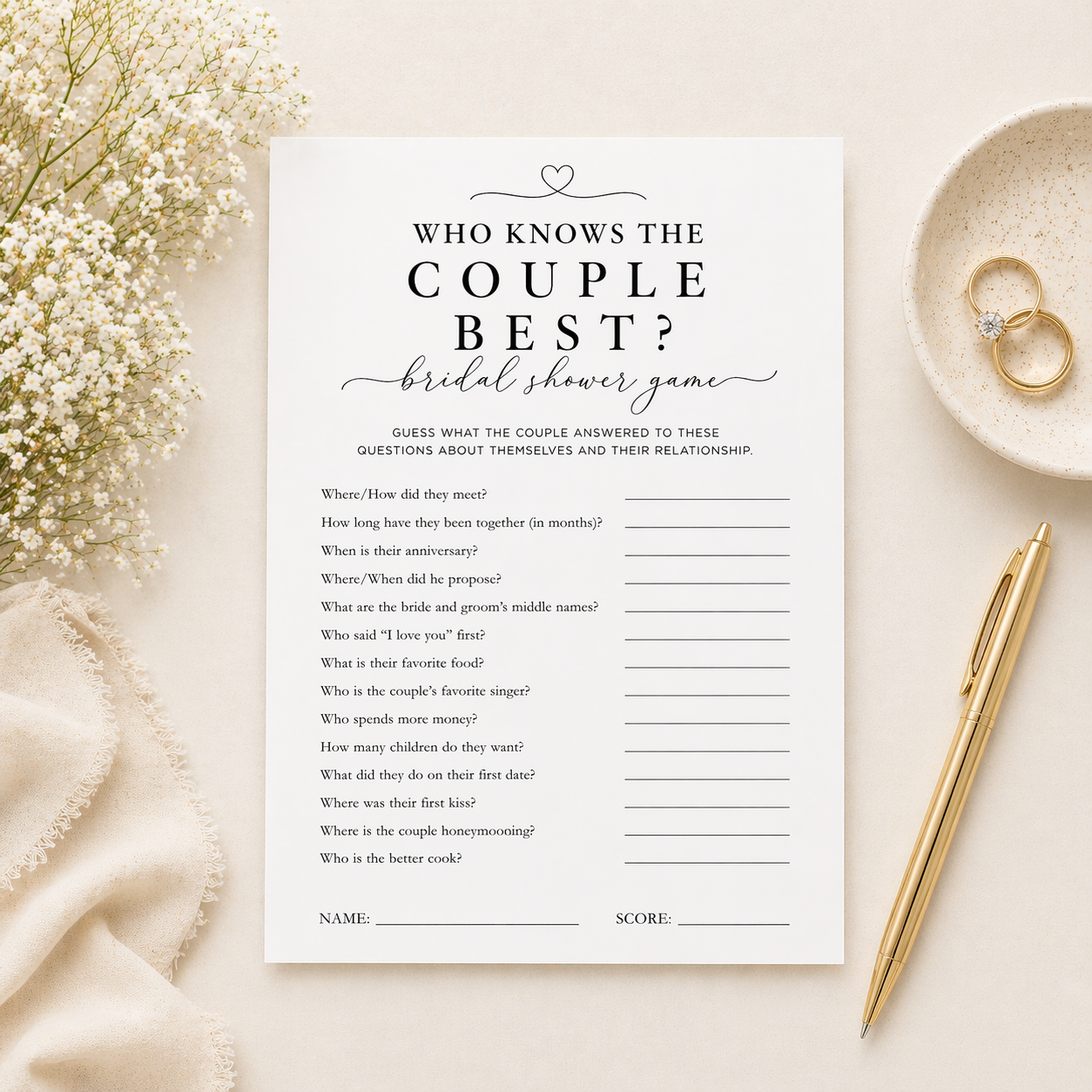 Who Knows the Couple Best is a bridal shower favorite that gets everyone involved. Guests answer fun questions about the bride and groom, making it a perfect mix of laughter, memories, and friendly competition.