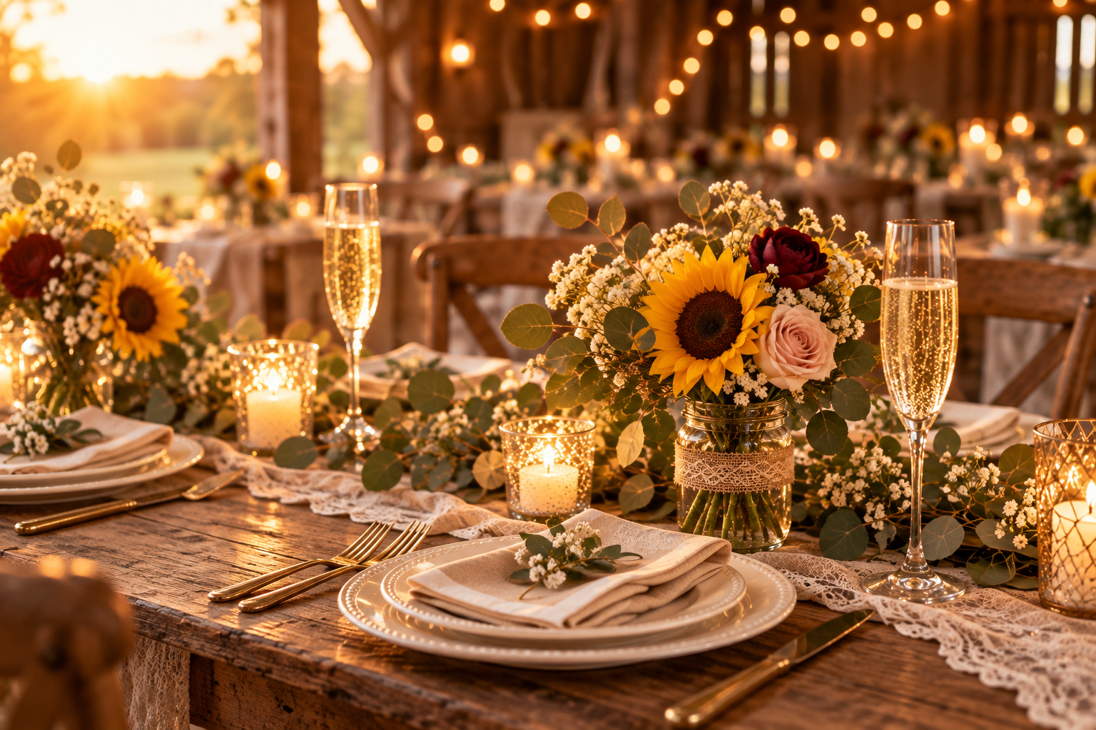 Rustic sunflower wedding reception table with ivory place settings, greenery, candles, champagne glasses, burgundy and blush flowers, and warm string lights inside a barn.
