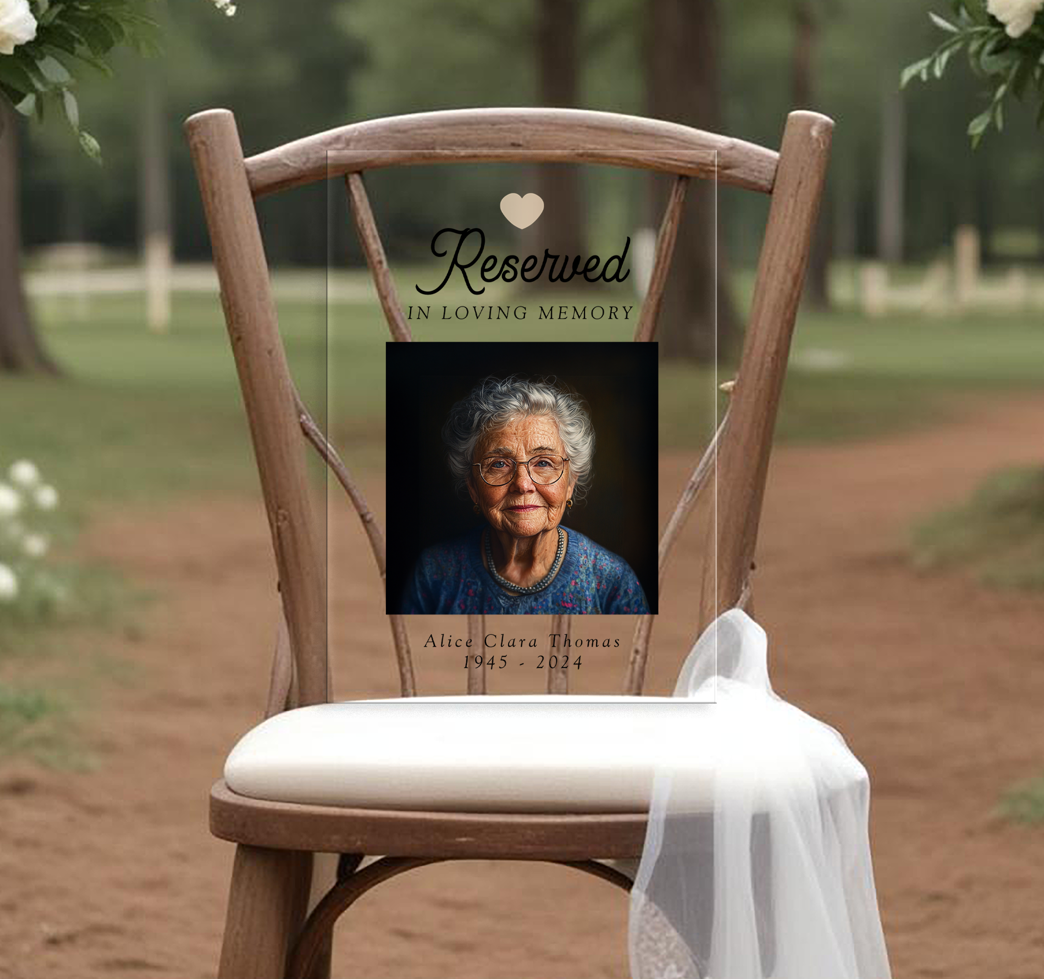 Rustic wedding remembrance chair sign with photo