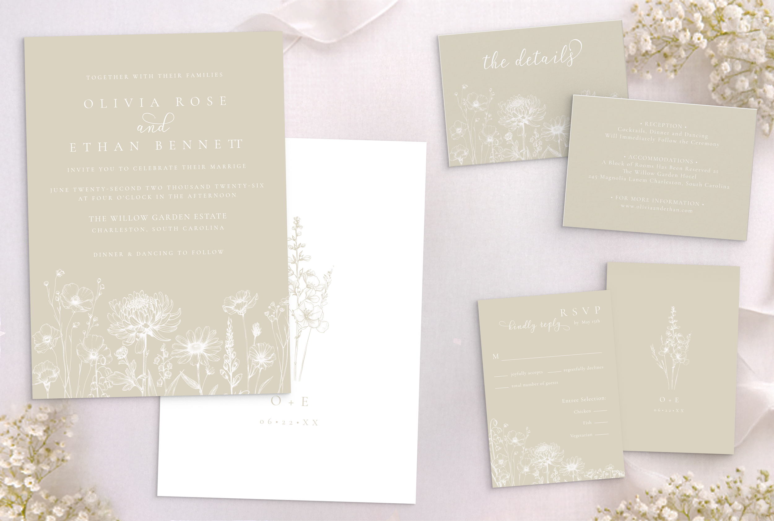 Cream botanical wedding invitation suite with RSVP card, details card, and envelope featuring soft neutral tones and minimal floral line art
