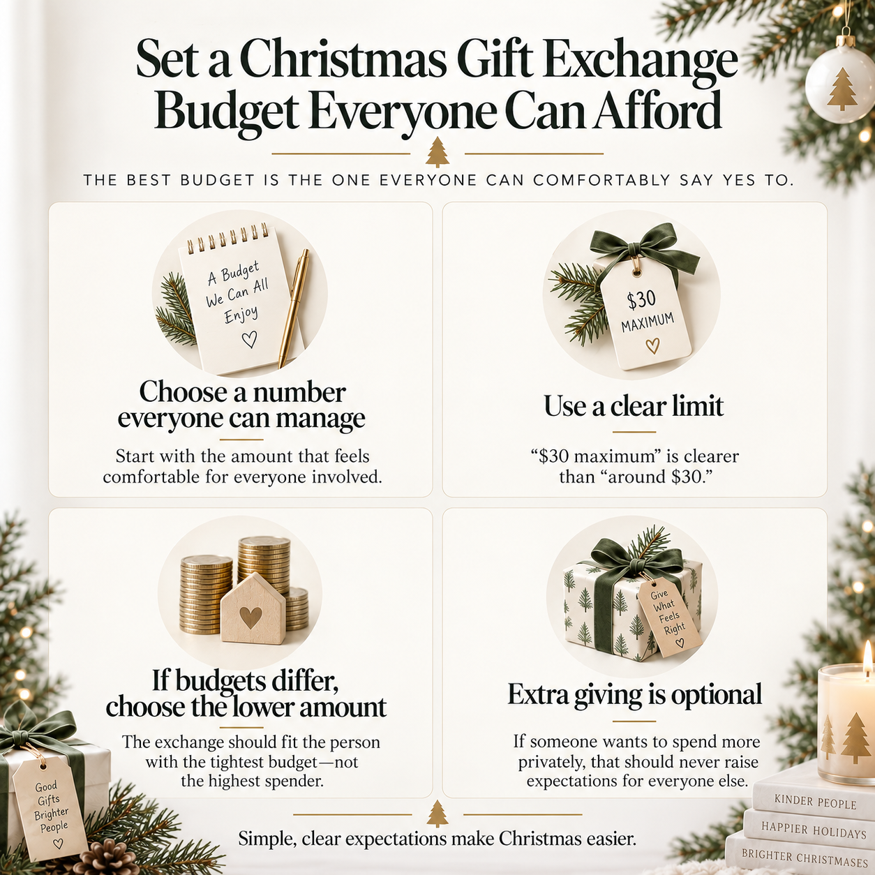 Christmas gift exchange budget infographic showing how to choose an affordable spending limit, use a clear maximum, choose the lower amount when budgets differ, and keep extra giving optional.