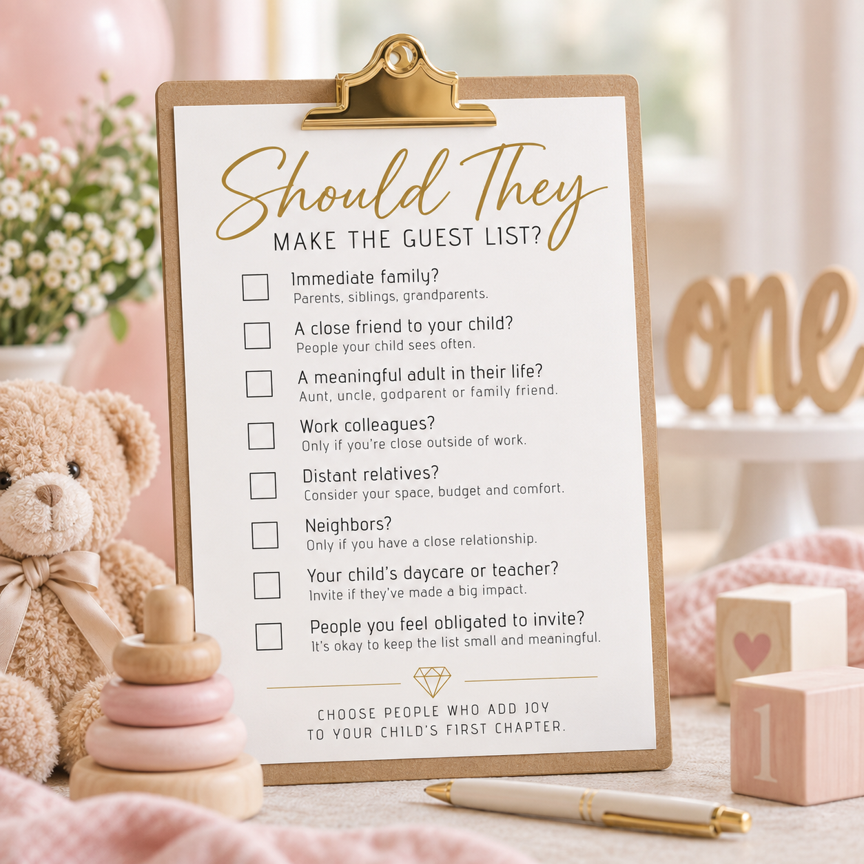 First birthday guest list checklist showing how to decide whether immediate family, close friends, meaningful adults, coworkers, distant relatives, neighbors, daycare caregivers, and obligation invites should be included.