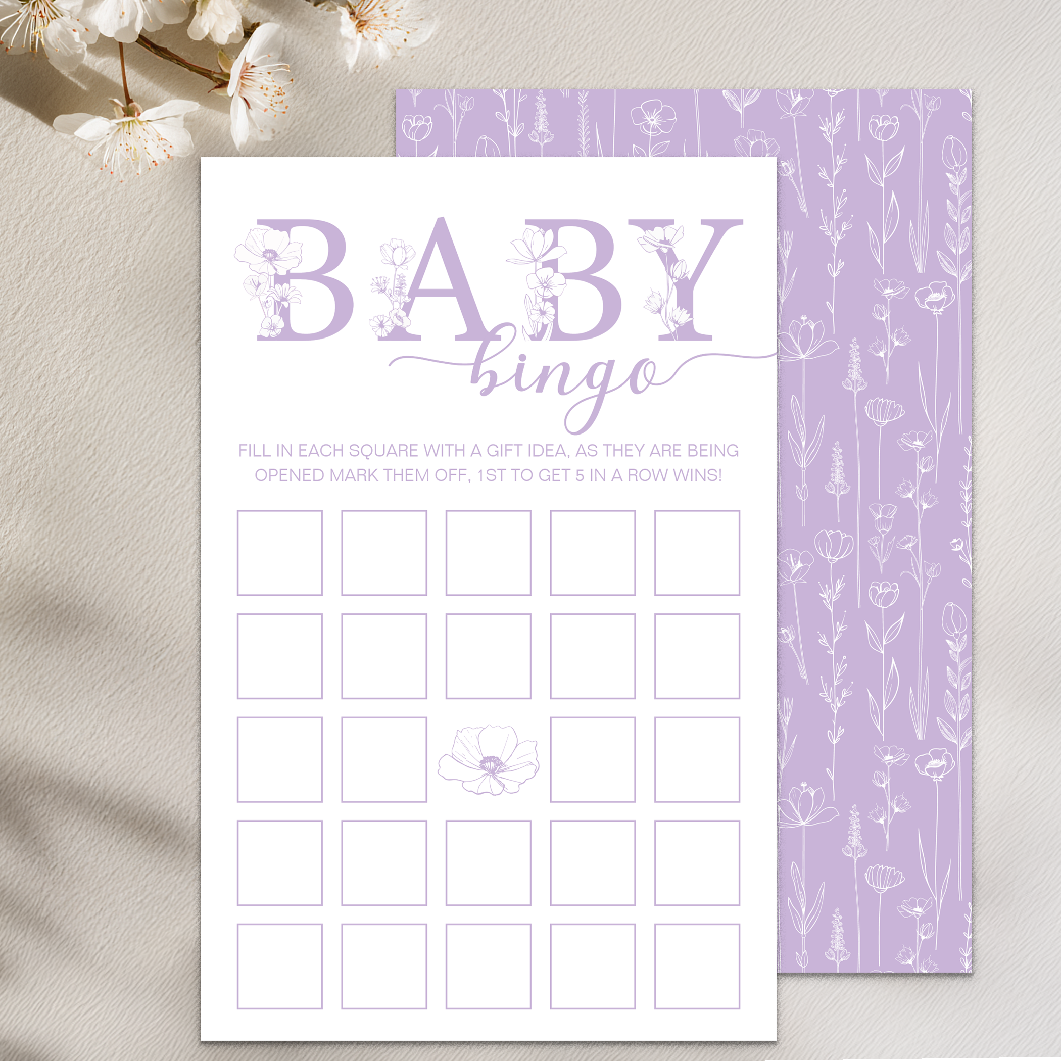 Lavender wildflower baby bingo game card with soft floral design for baby shower activity