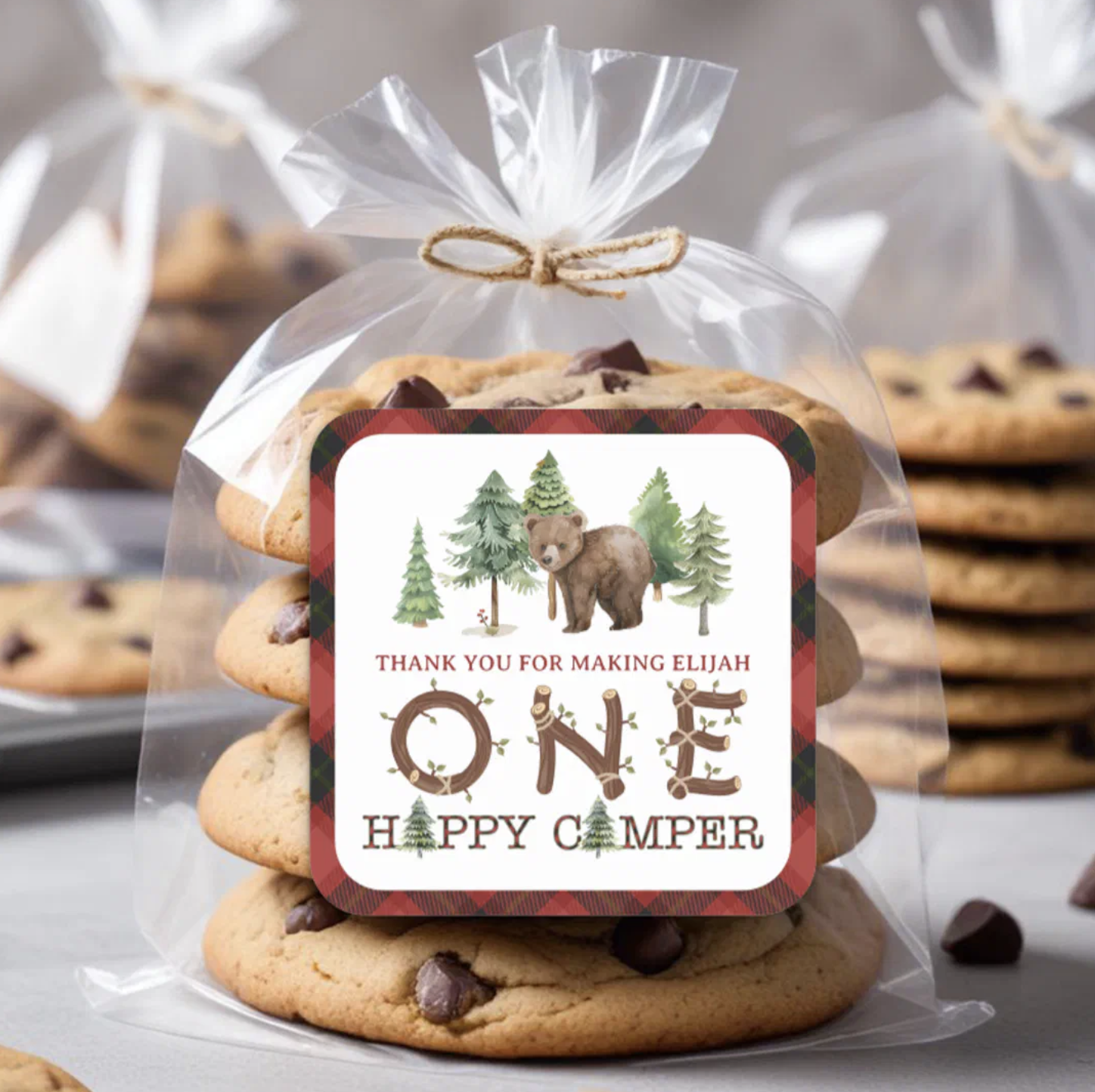One Happy Camper square thank you sticker on cookie favor bag with woodland theme