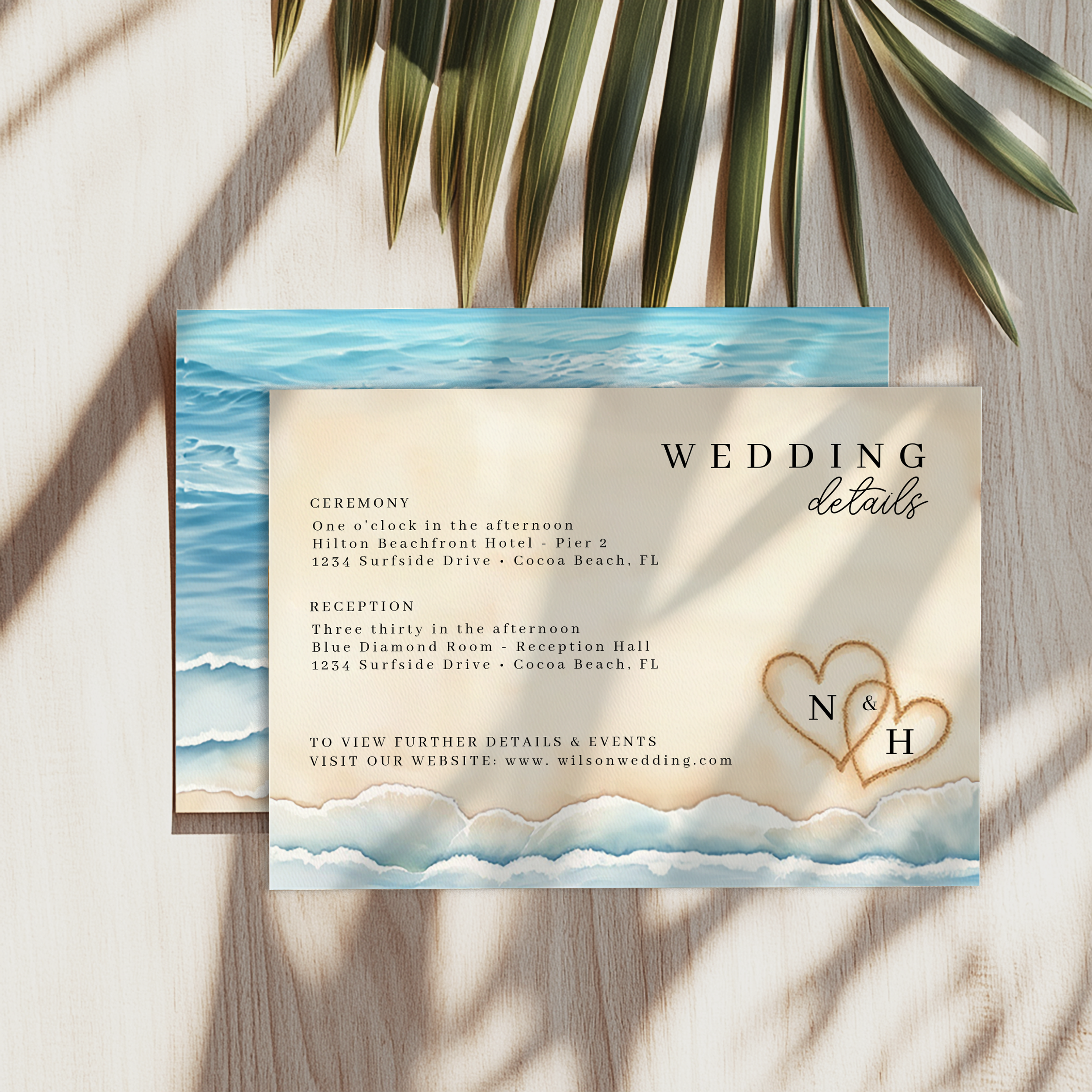 Wedding details card featuring watercolor waves and minimalist coastal typography