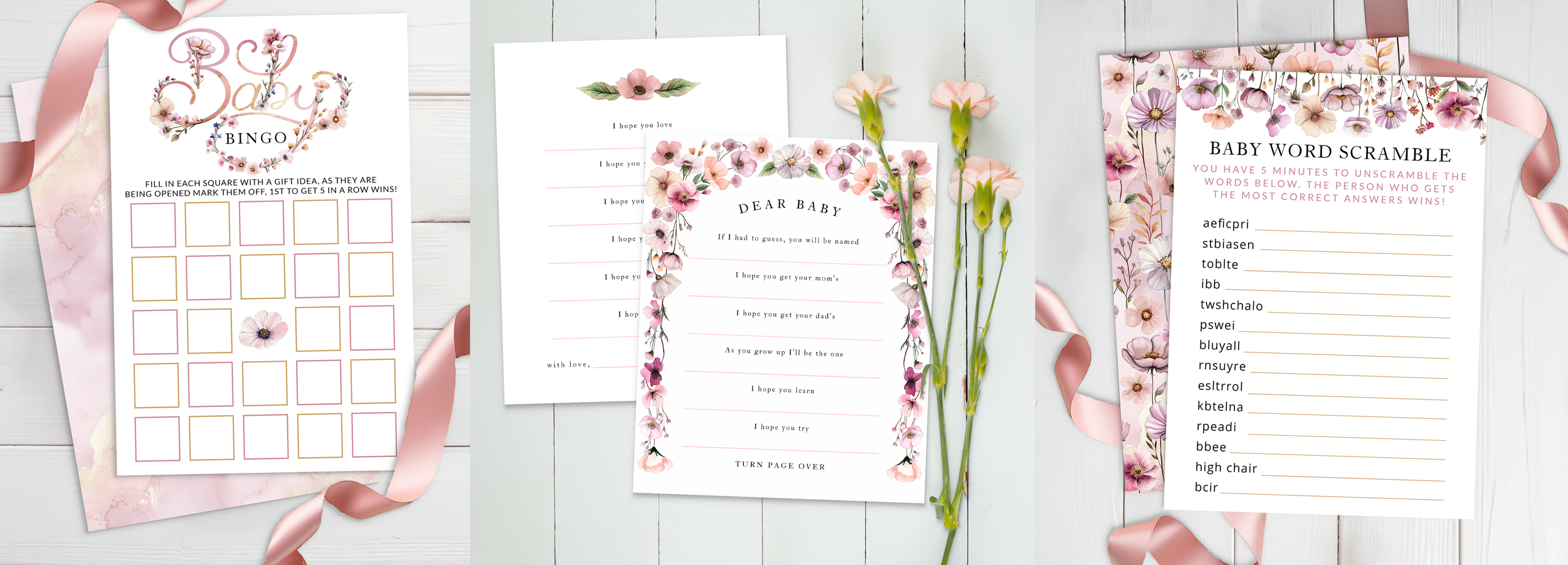 Wildflower baby shower bingo and Dear Baby wishes cards with blush floral border.