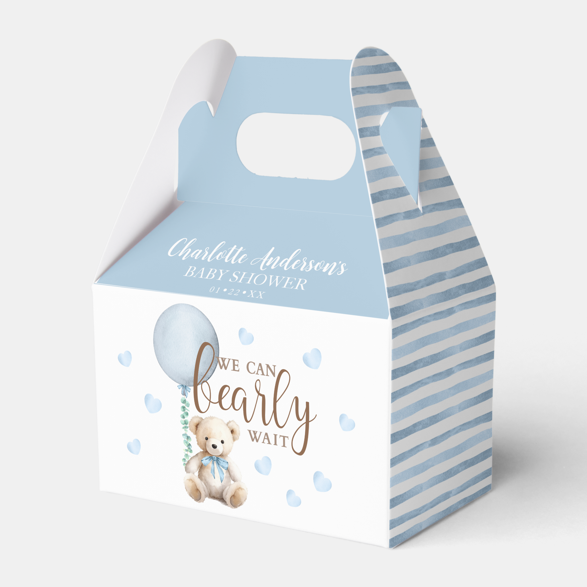 Blue teddy bear baby shower favor box with striped pattern and watercolor balloon design.