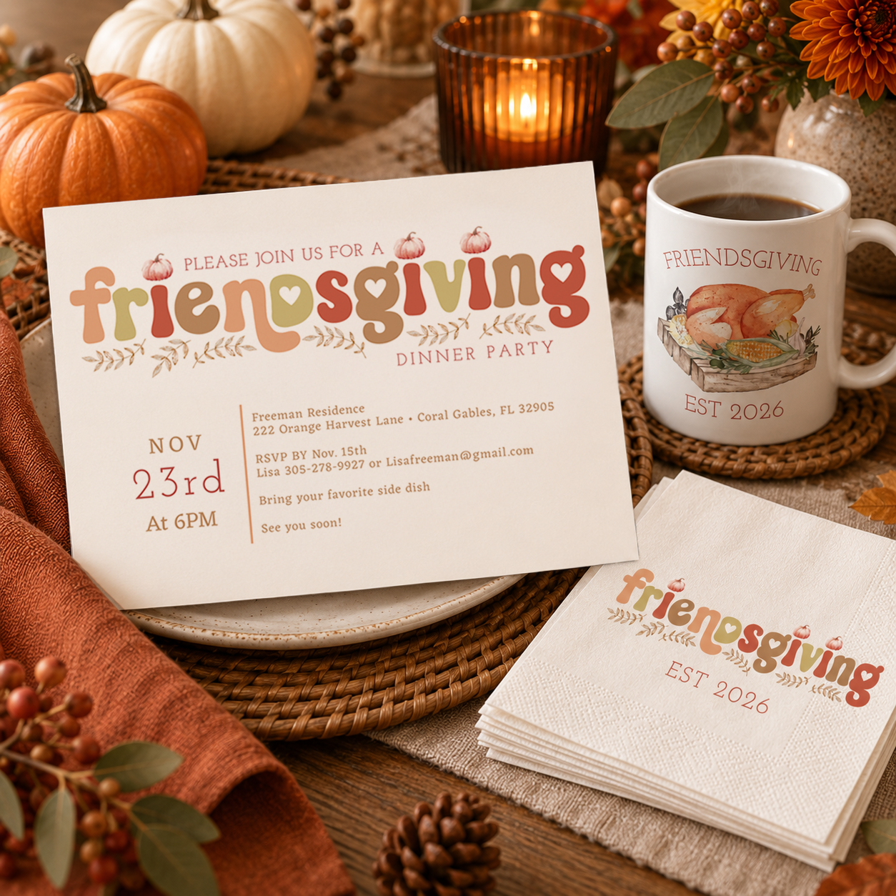 Friendsgiving product mockup featuring a colorful retro-style dinner party invitation, matching Friendsgiving napkins with 2026, and a turkey-themed Friendsgiving mug styled with pumpkins, candlelight, and autumn florals.