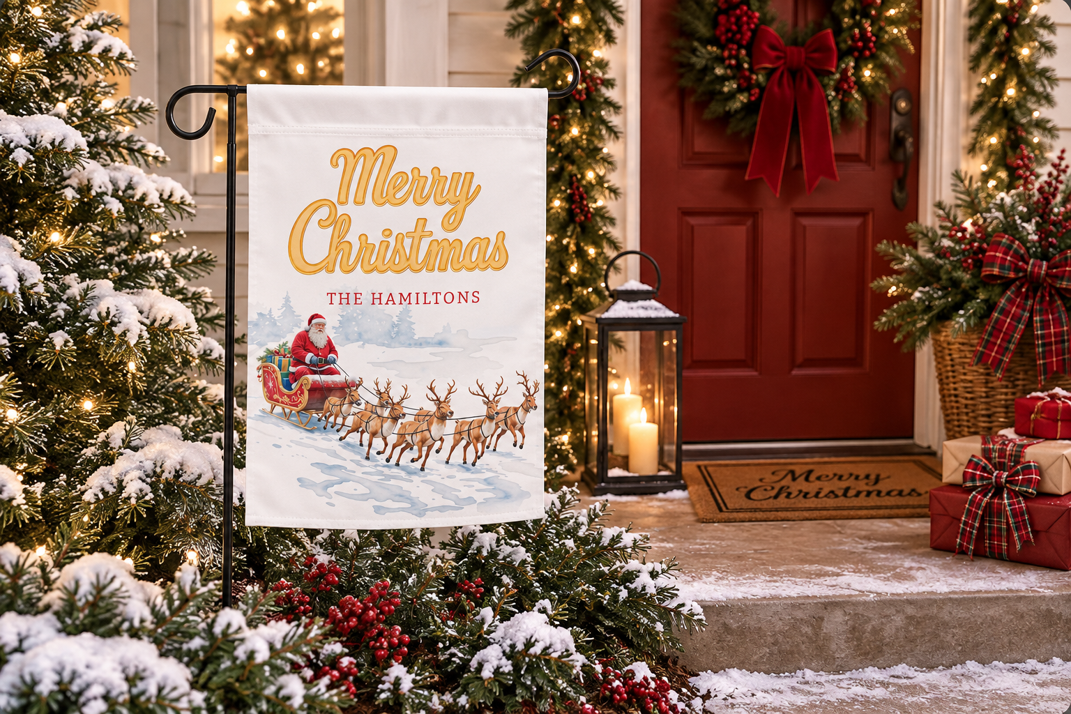 Personalized Santa Christmas garden flag with family name displayed on a festive holiday porch.