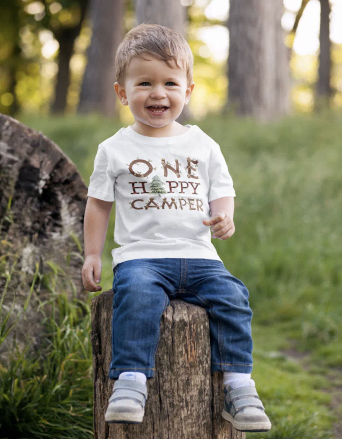 One Happy Camper baby birthday t-shirt with rustic woodland lettering for first birthday boy