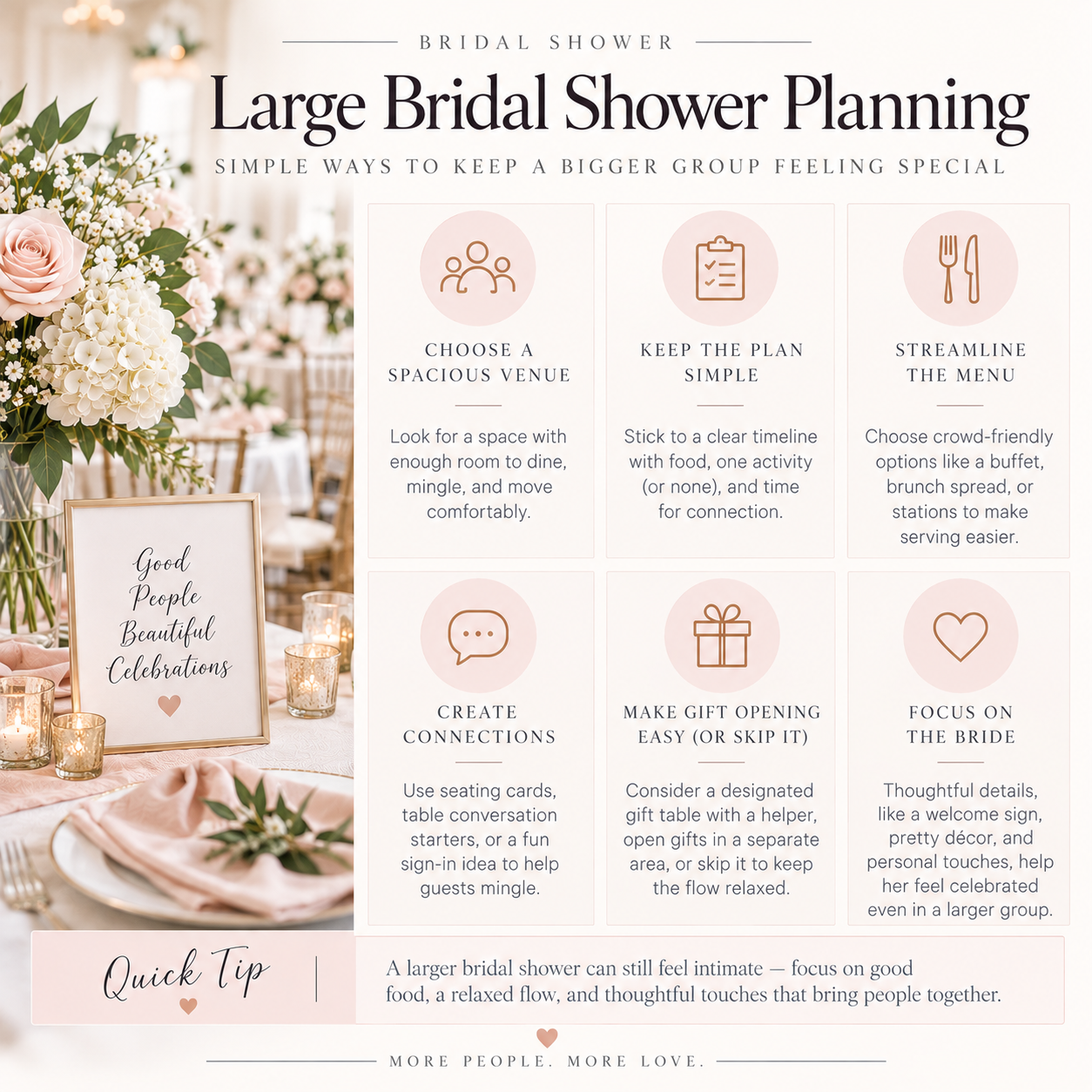 Large bridal shower planning infographic with tips for choosing a spacious venue, simplifying the schedule, streamlining food and gifts, helping guests connect, and keeping the focus on the bride.