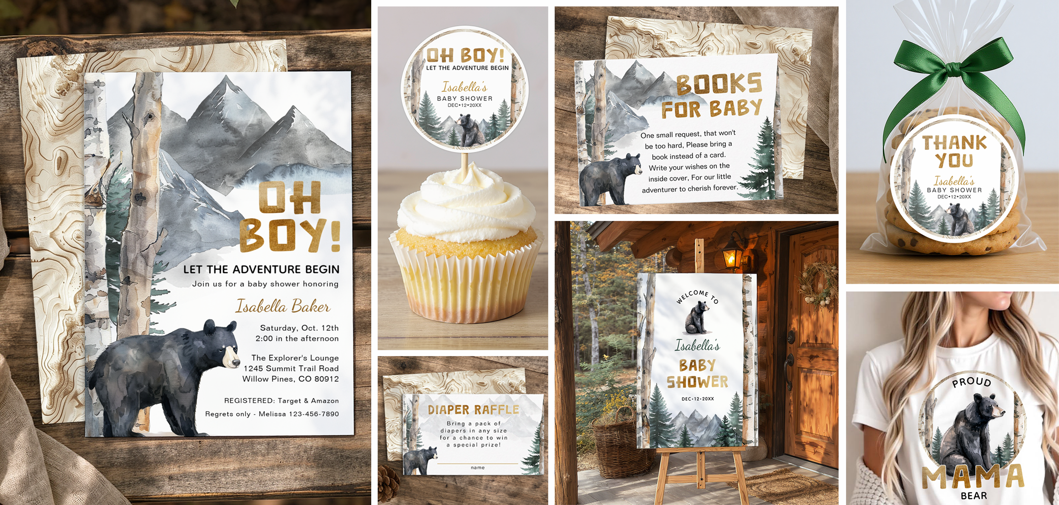 Woodland Adventure baby shower with bear invitation, mountain décor, cupcake topper, diaper raffle card, welcome sign, favor bag, and mama bear shirt.