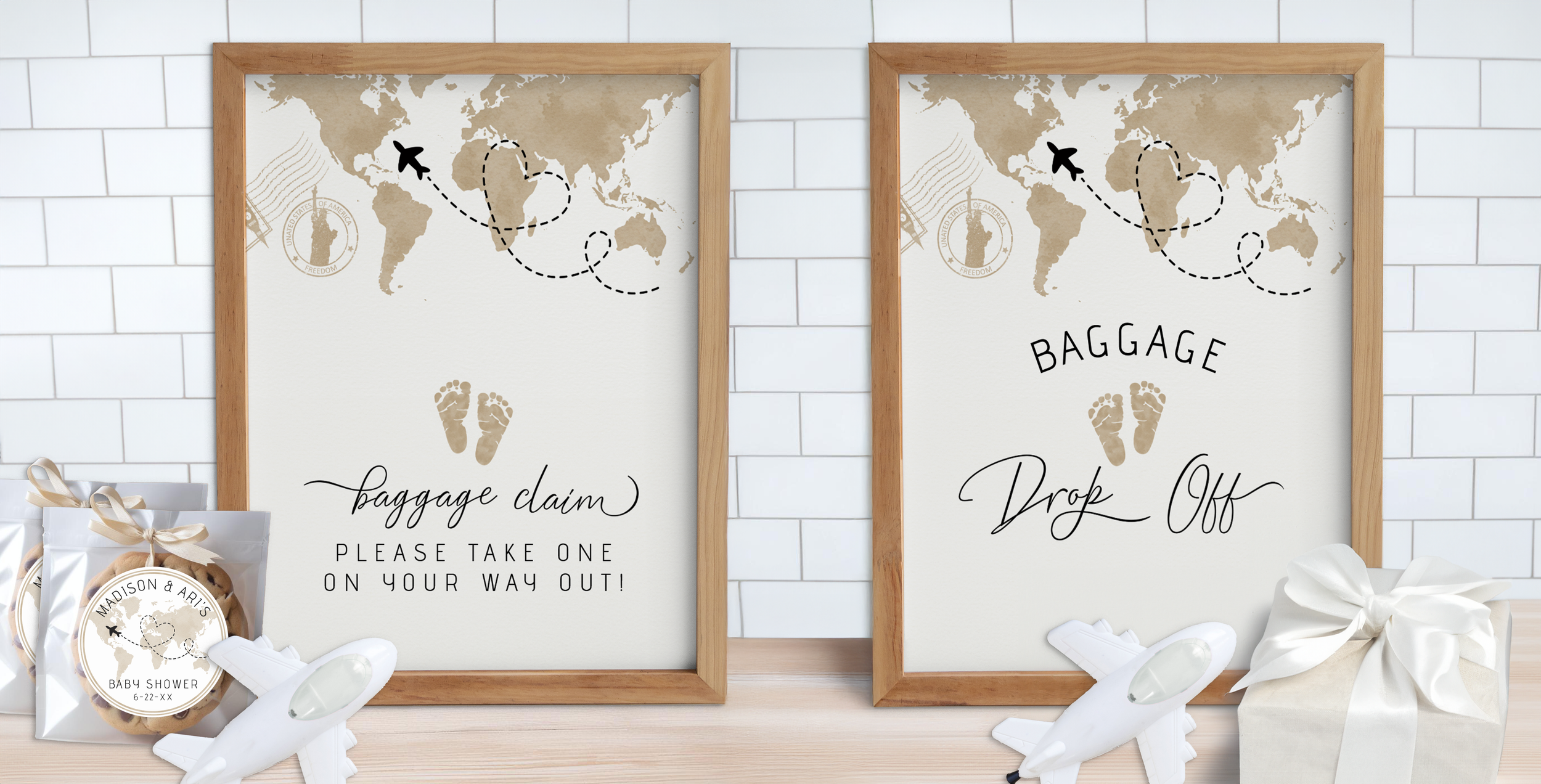 Travel baby shower favor sign and baggage drop off sign with world map adventure theme.