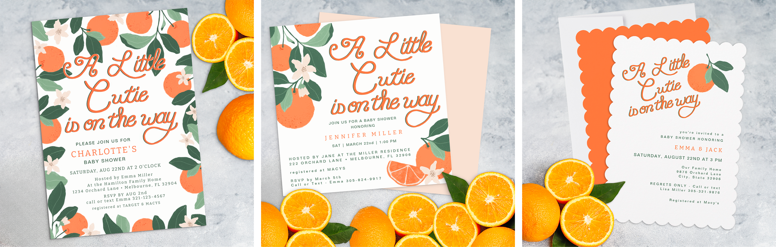 Little Cutie baby shower invitations in three styles featuring orange citrus design with fresh oranges and greenery on a marble background