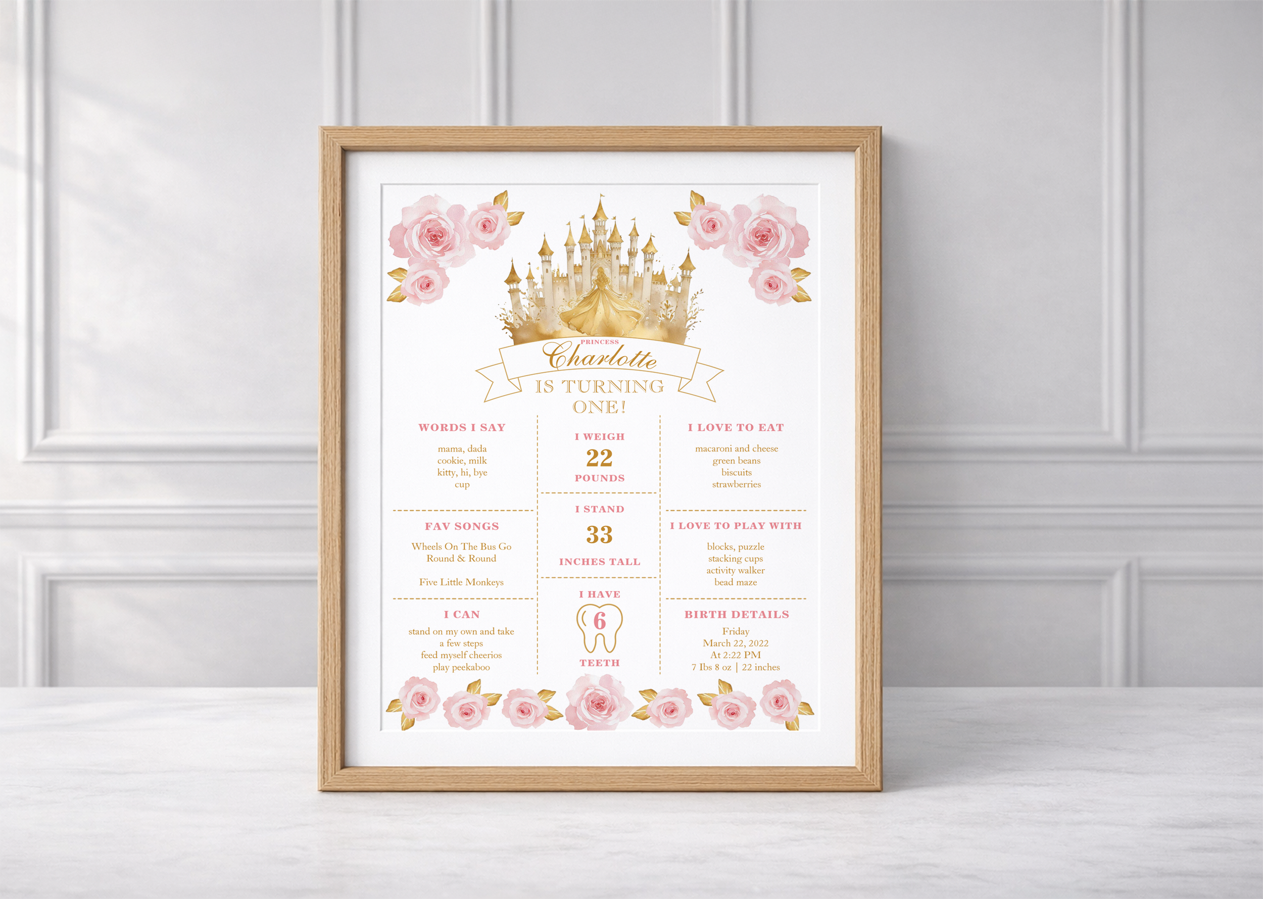 Framed pink and gold princess first birthday milestone poster with castle and floral design displayed on a tabletop