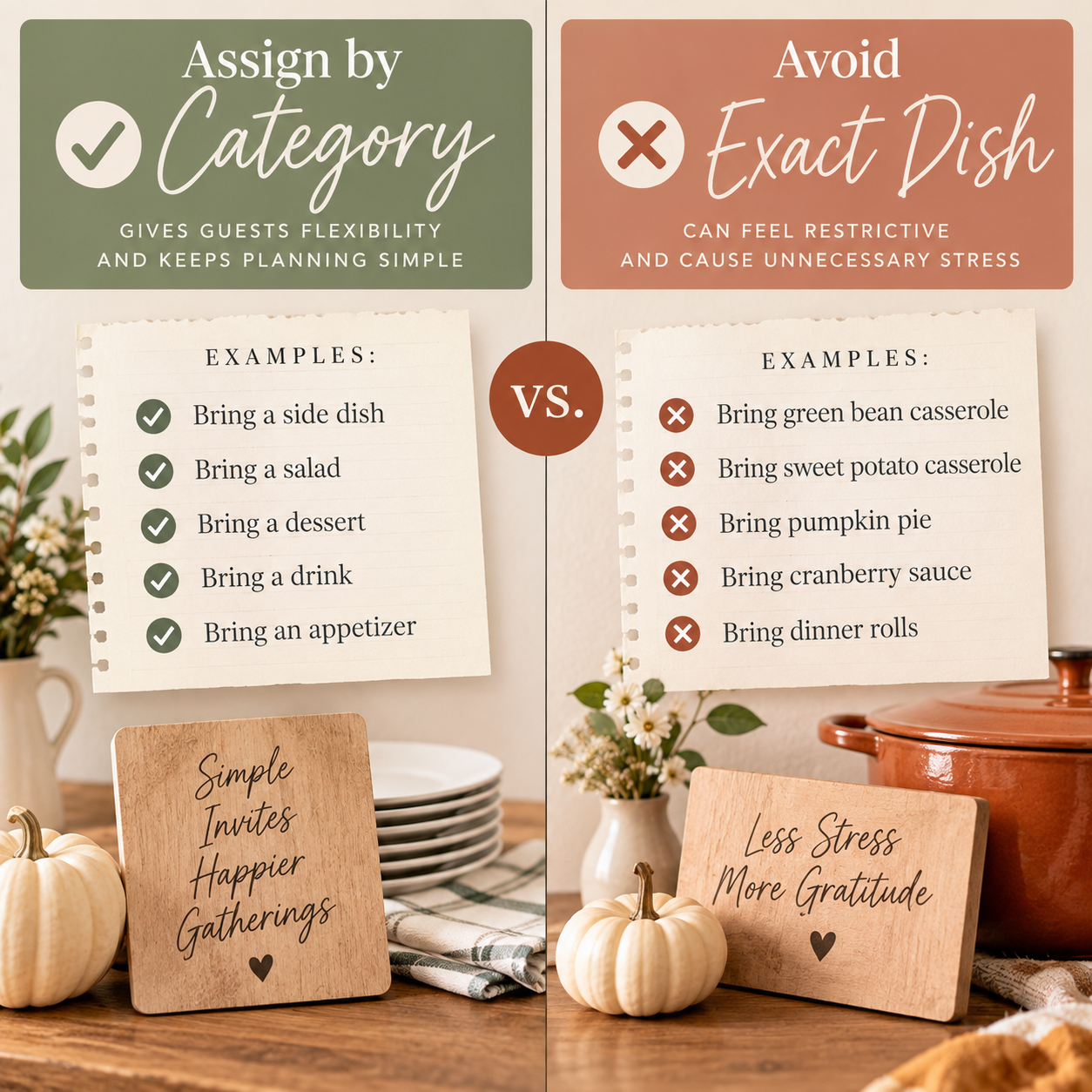 Friendsgiving infographic comparing flexible potluck categories such as side dish, salad, dessert, drink, and appetizer with assigning exact dishes like green bean casserole, pumpkin pie, and dinner rolls.