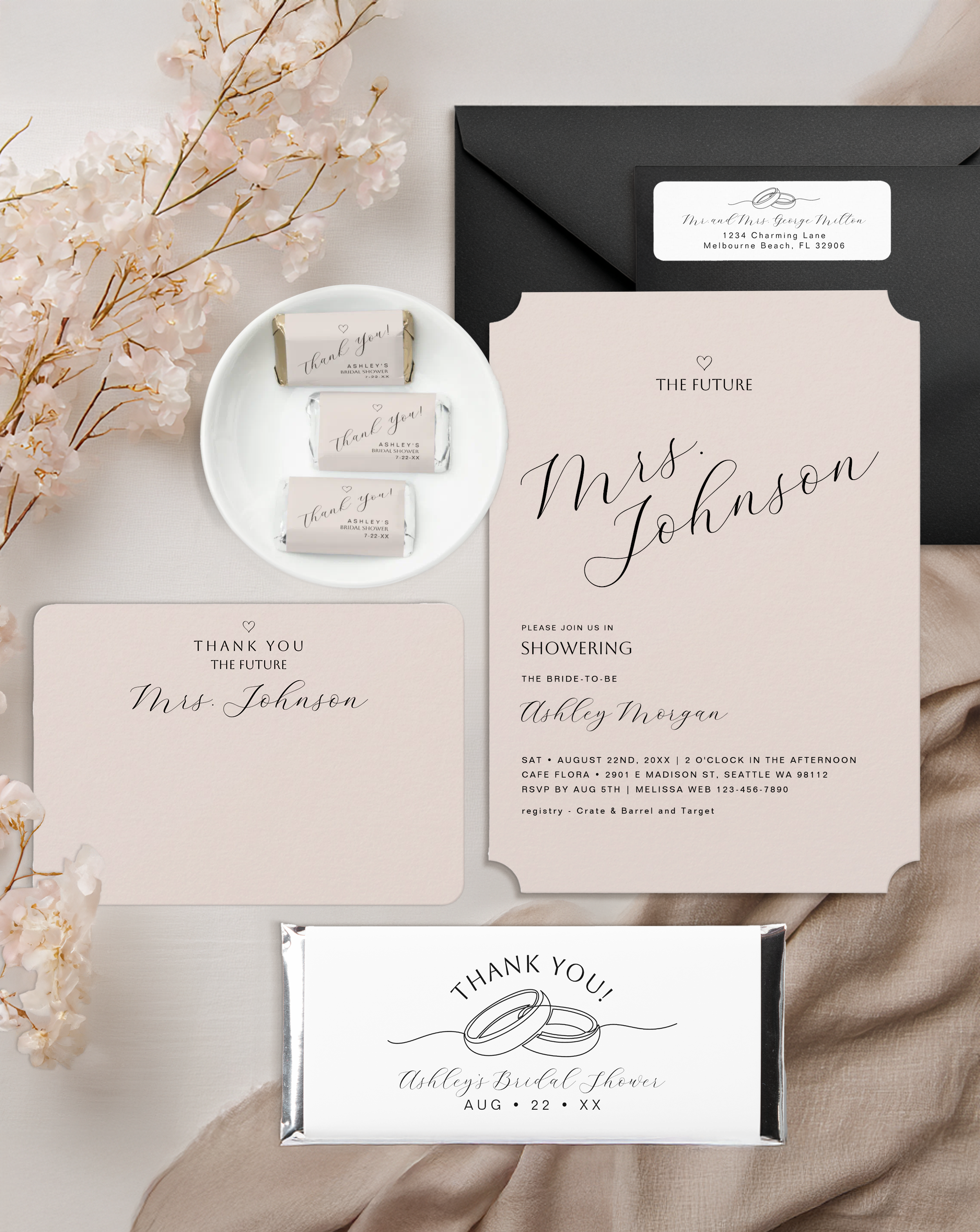 Elegant celebration invitation suite by Chateau Whispers, featuring bridal shower stationery, thank you cards, and coordinated party details.