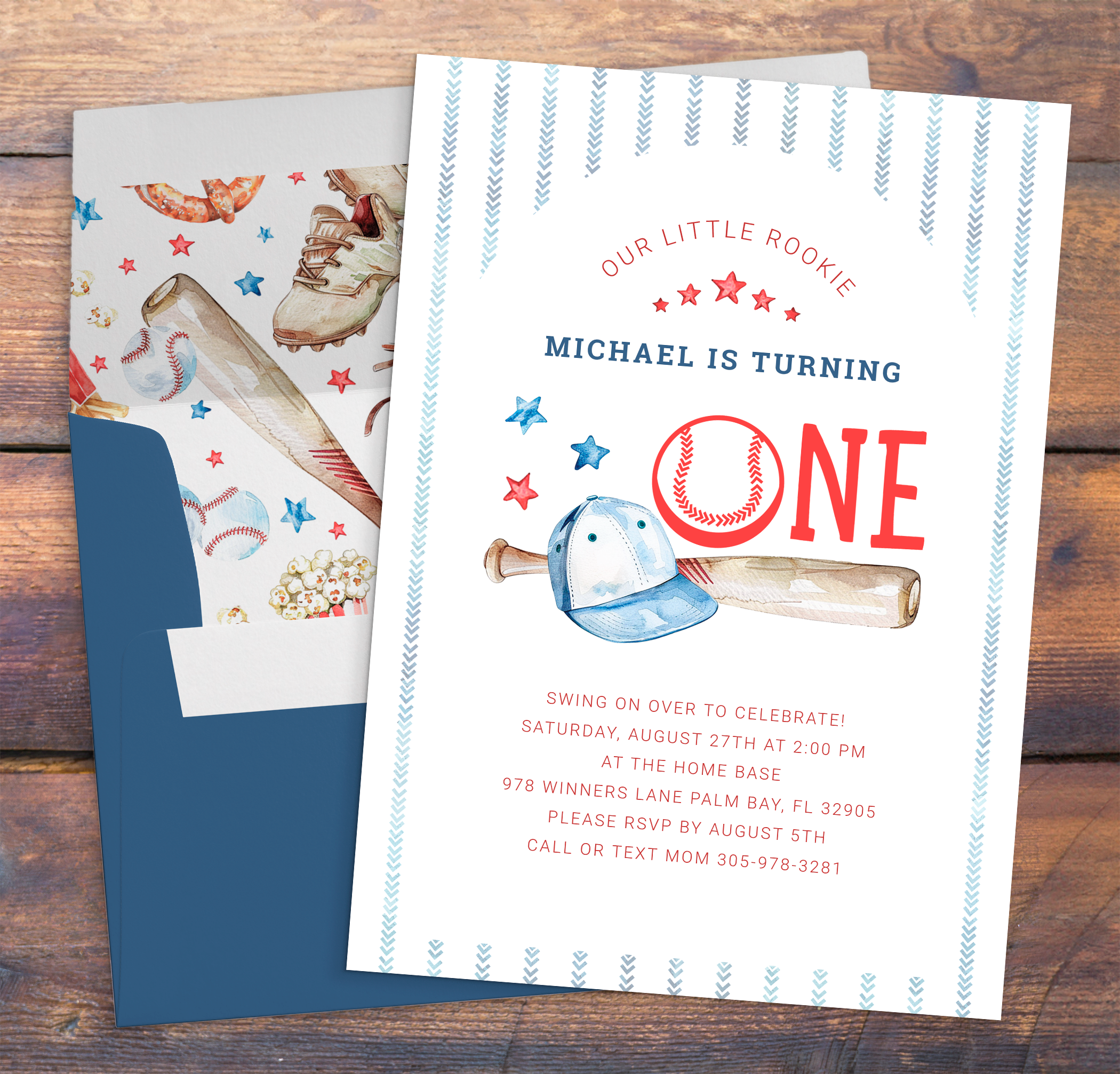 Rookie of the Year watercolor baseball 1st birthday invitation with red and blue stars