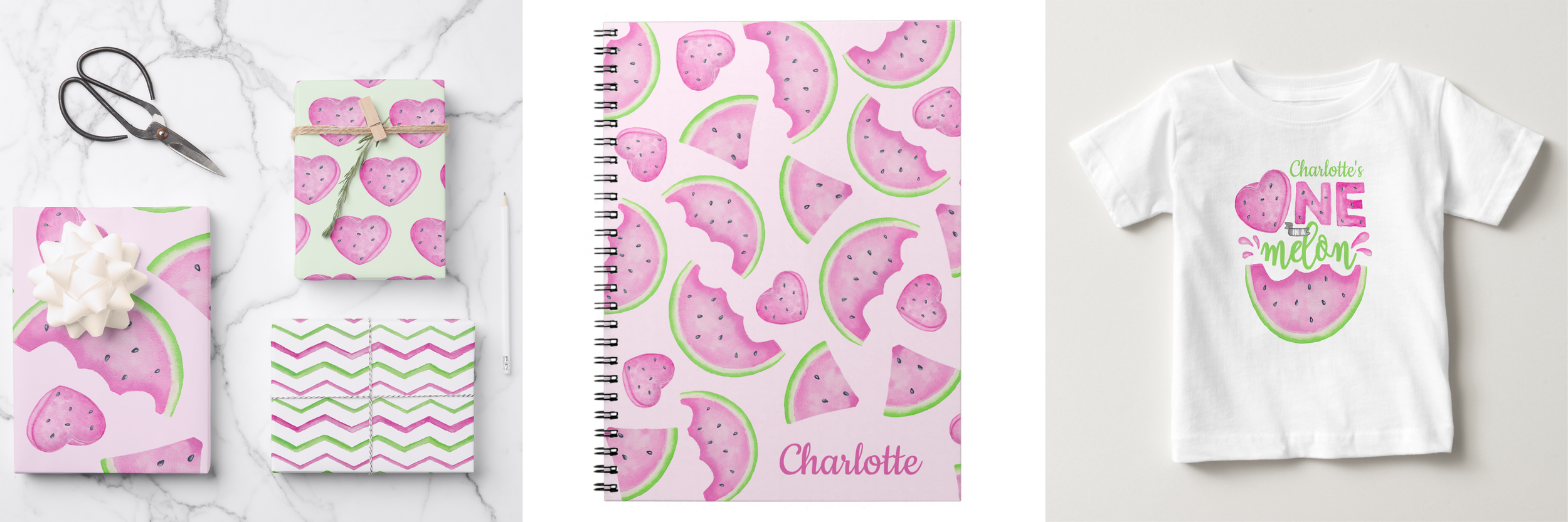 One in a Melon first birthday collection including watermelon wrapping paper, personalized notebook, and baby birthday shirt in pink and green theme