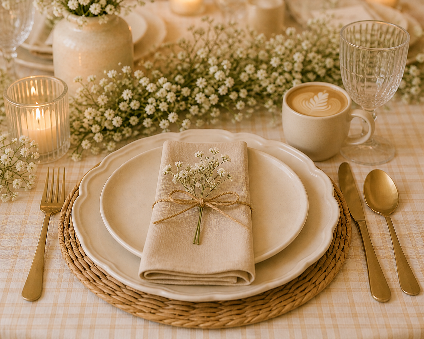 Close-up of a neutral baby shower place setting with layered cream plates, a folded linen napkin tied with twine and baby’s breath, gold flatware, a latte, and soft candlelight on a plaid tablecloth.