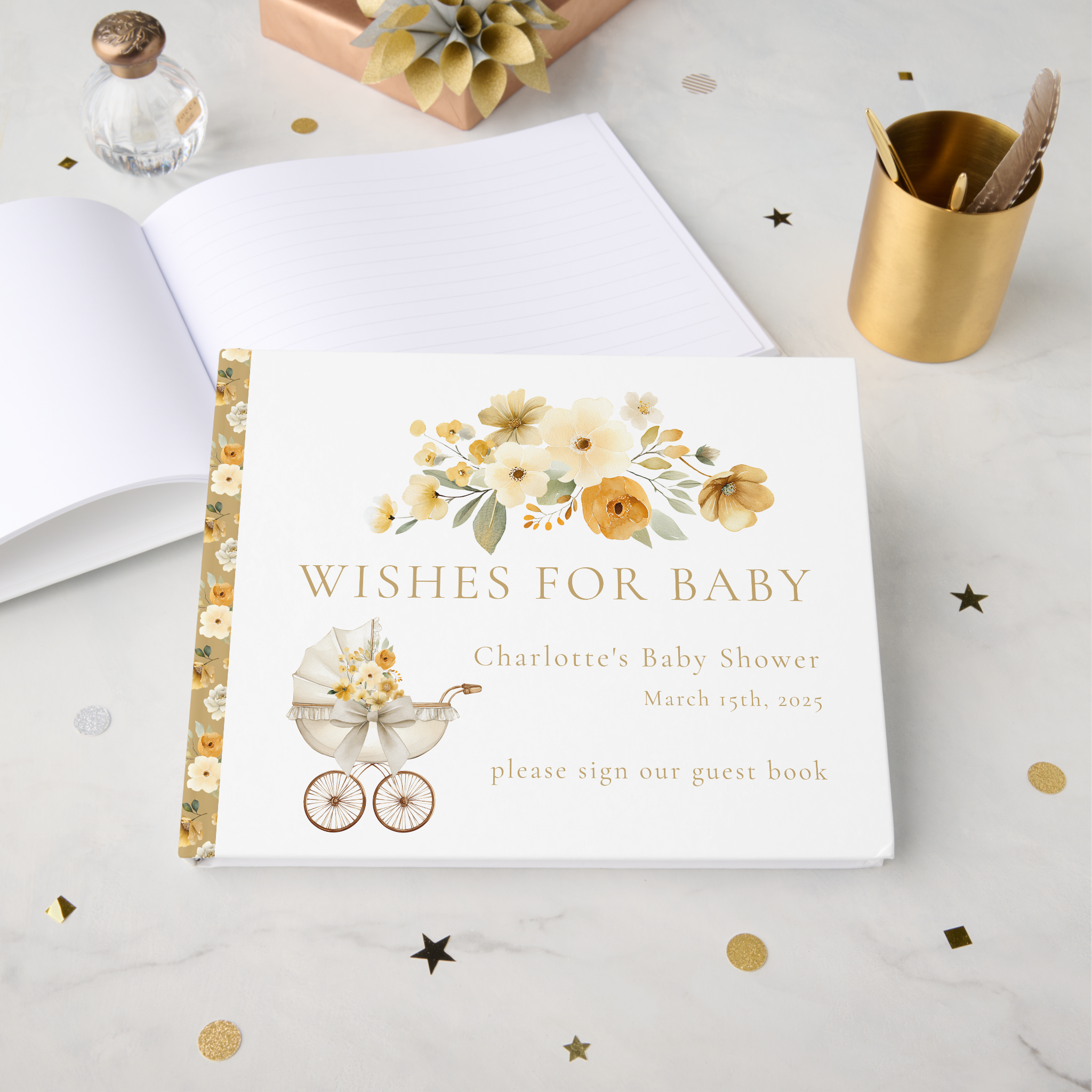 Gold floral baby shower guest book with carriage illustration