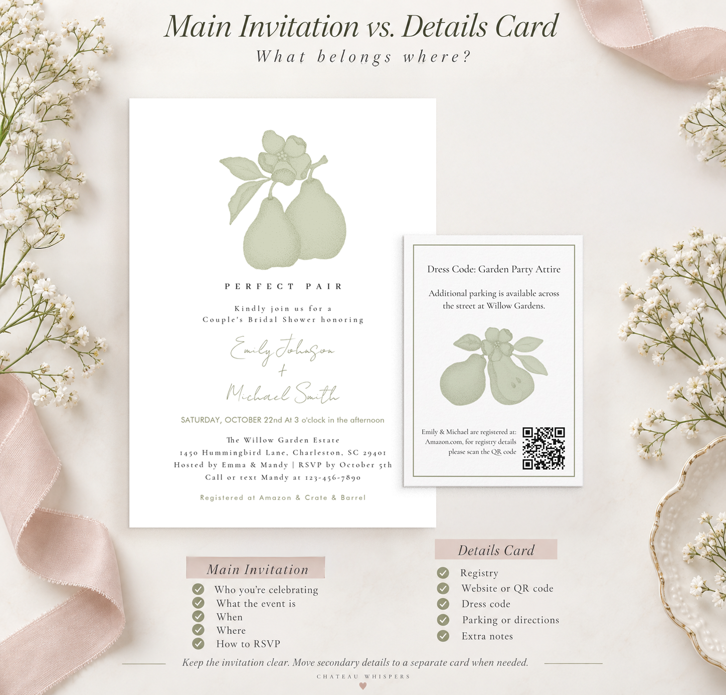 Bridal shower stationery comparison showing a larger Perfect Pair main invitation beside a smaller coordinating details card, illustrating what belongs on the invitation versus a separate enclosure card.
