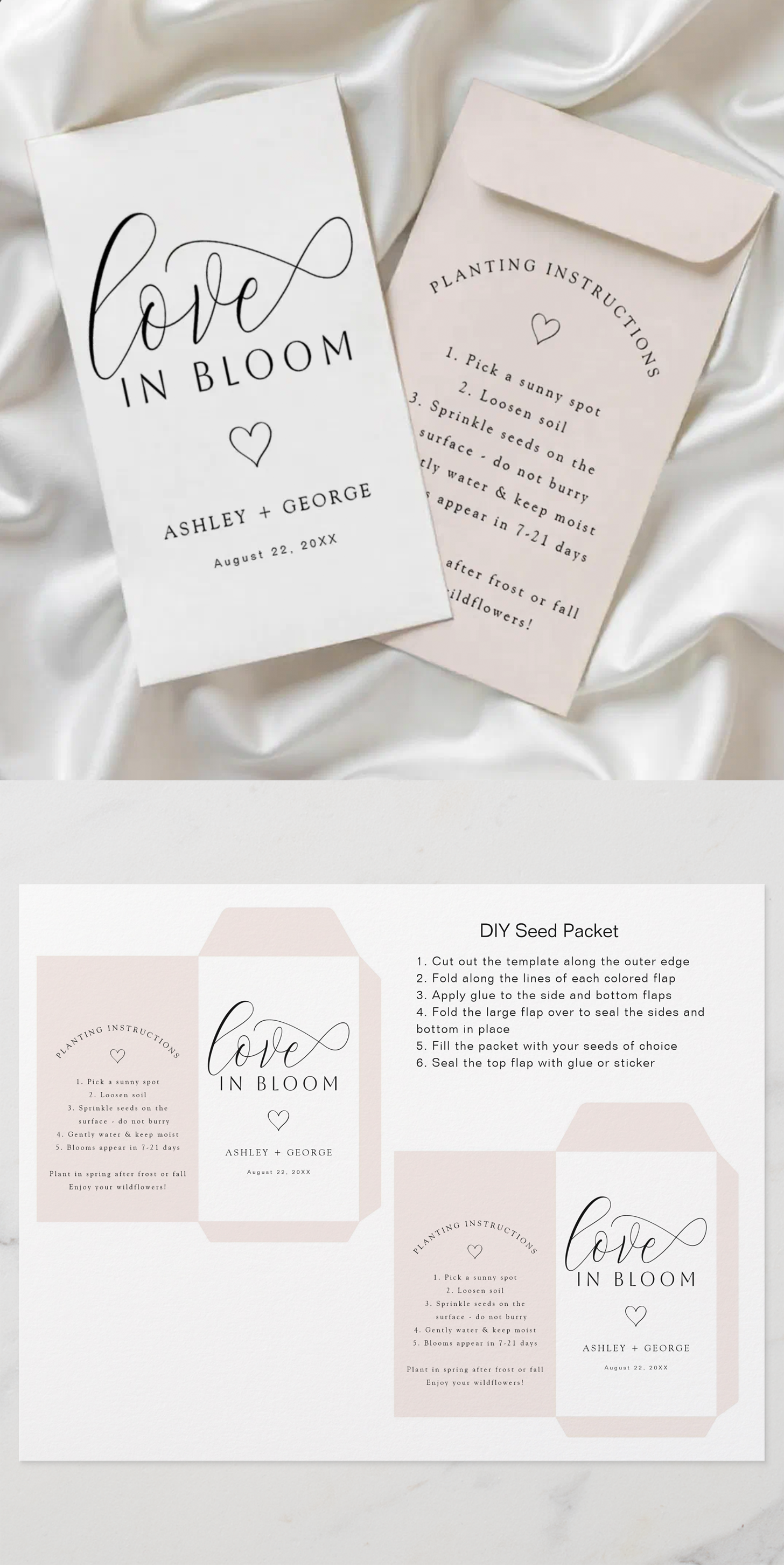 Minimal “Love in Bloom” printable seed packet favor template with soft blush tones, modern calligraphy, and simple planting instructions, styled on silky fabric background.
