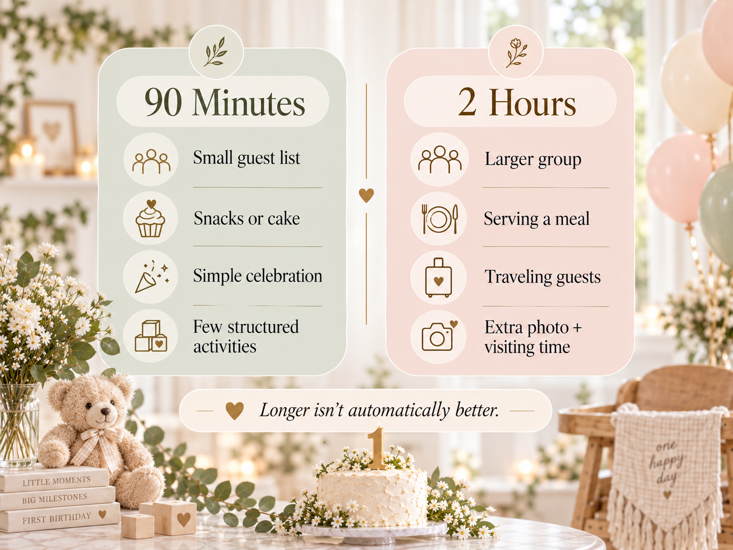 Infographic comparing 90-minute and two-hour first birthday parties, showing 90 minutes for smaller, simpler celebrations and two hours for larger groups, meals, traveling guests, and extra visiting time.