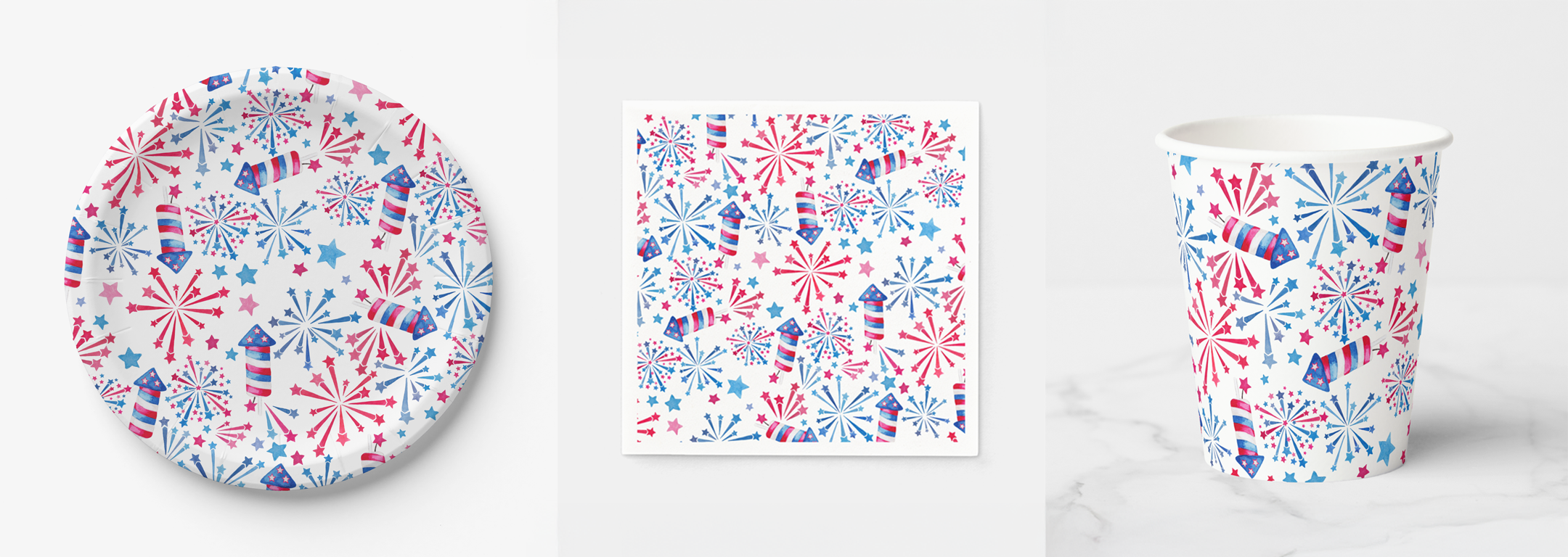 red white blue fireworks paper plates cups and napkins birthday party table