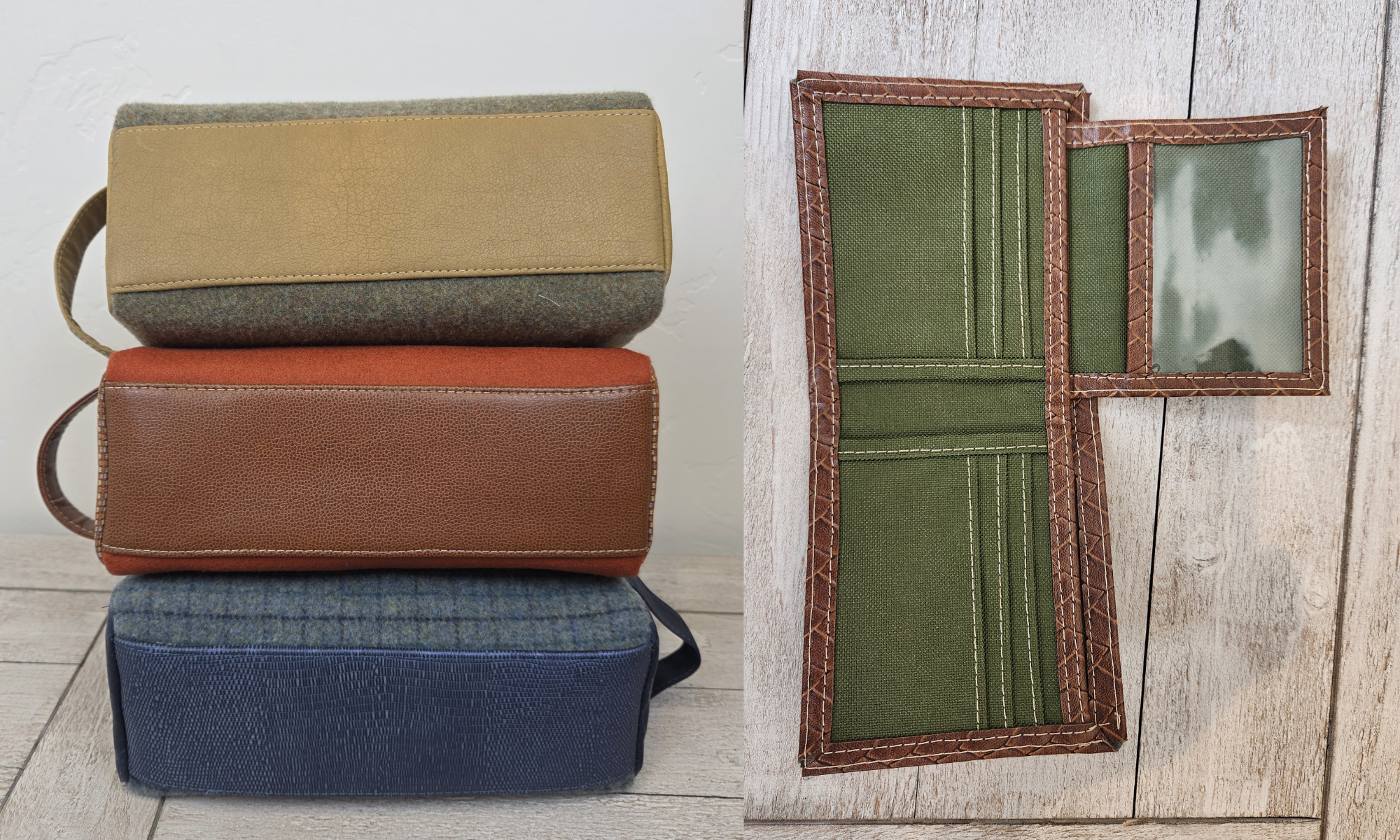 Four stored bags stacked vertically on the left side and an open green wallet with a transparent ID slot laying flat on a wooden surface on the right side.