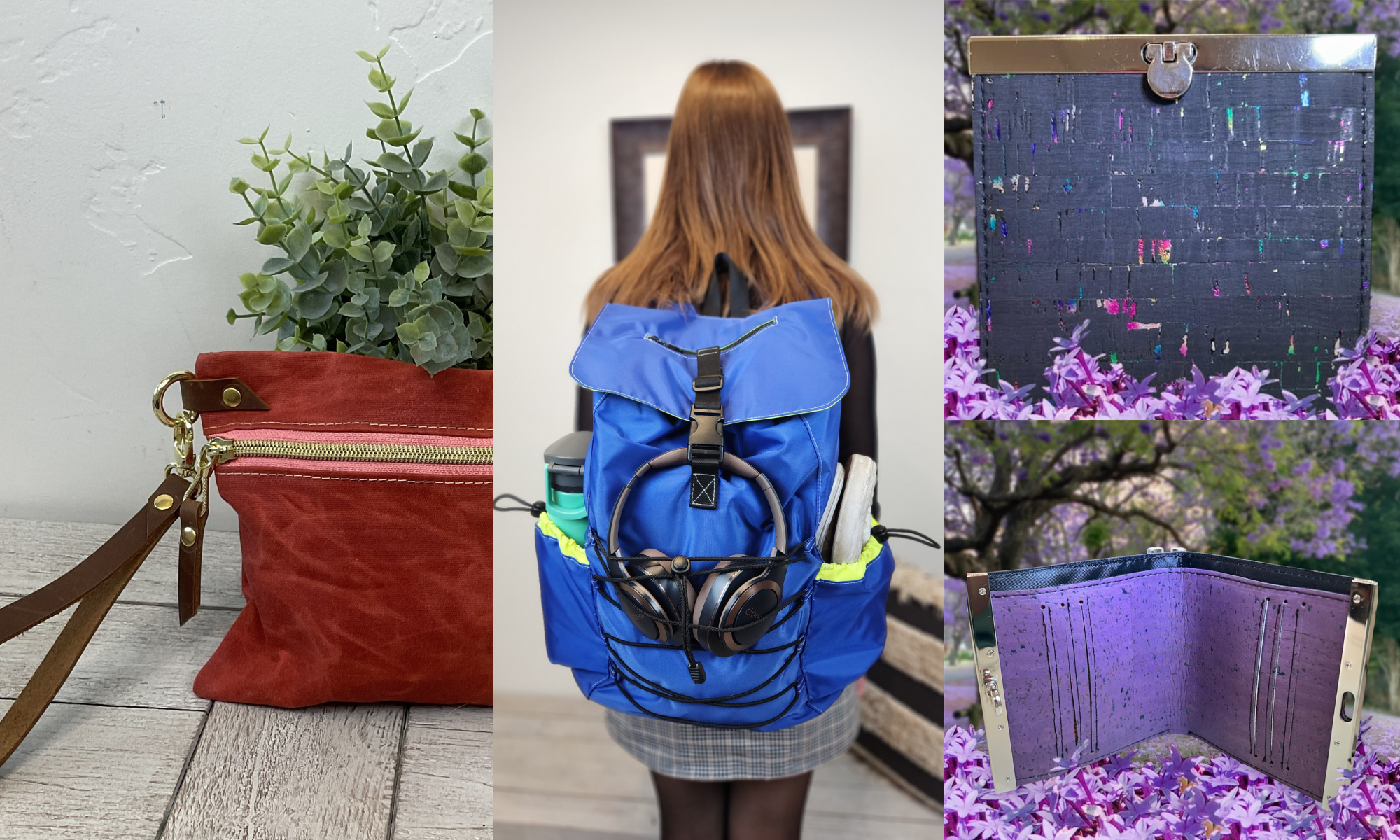 The image is split into three sections. The first shows a red handbag with gold zippers and a brown strap in front of a potted plant with green leaves on a light wooden surface. The second features a woman with long brown hair, standing with her back