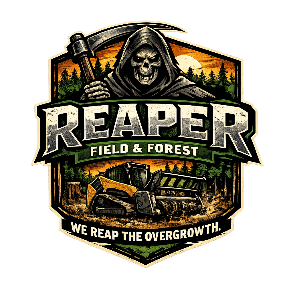 A logo for 'Reaper Field & Forest' featuring a grim reaper holding a scythe, a forest background with a sunset, and a piece of heavy machinery working in a forest clearing with the slogan 'We Reap the Overgrowth'.