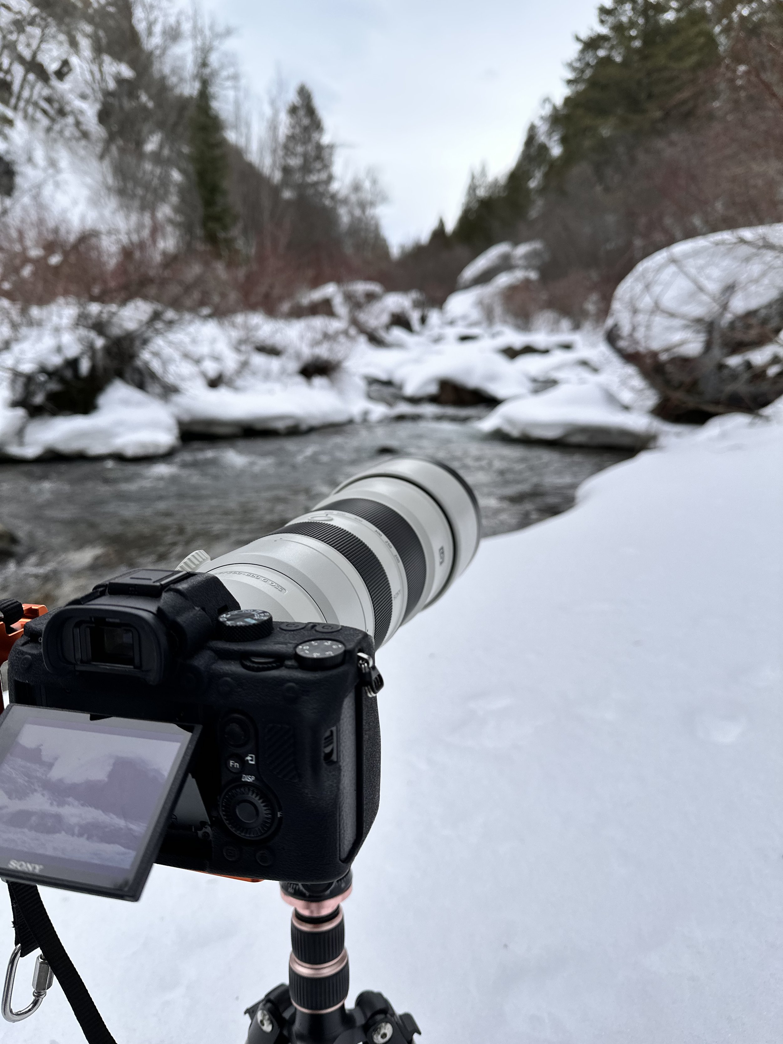 Camera mounted on a tripod telescope in a snowy landscape with rocks and bare trees surrounding a creek or river