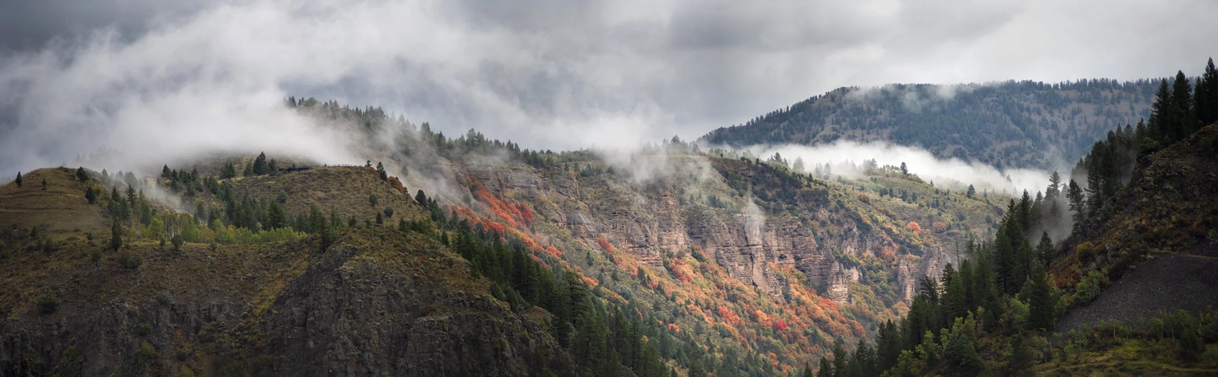 Mountain landscape with rocky cliffs, evergreen trees, colorful autumn foliage, and misty clouds in the sky.